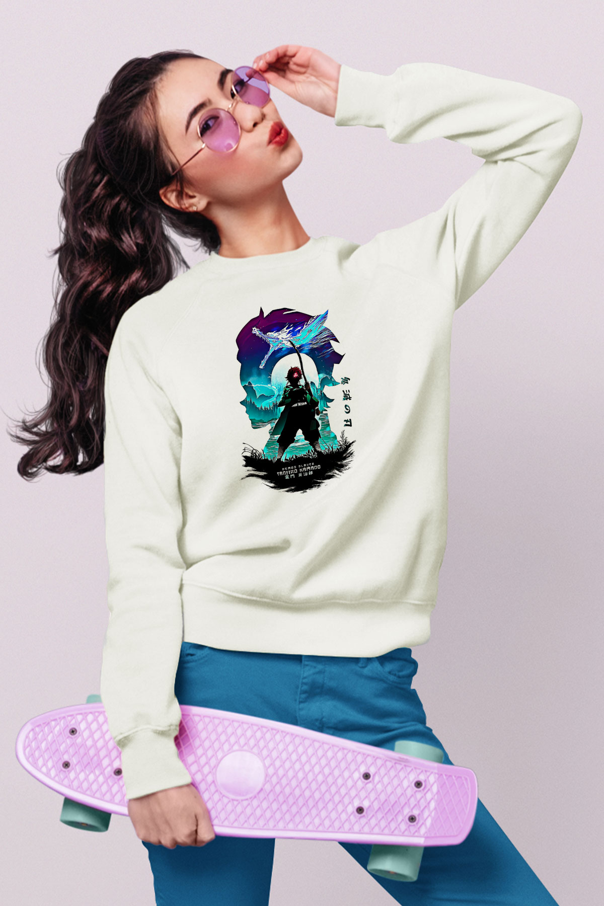 Demon Slayer Baskılı Beyaz Unisex Sweatshirt