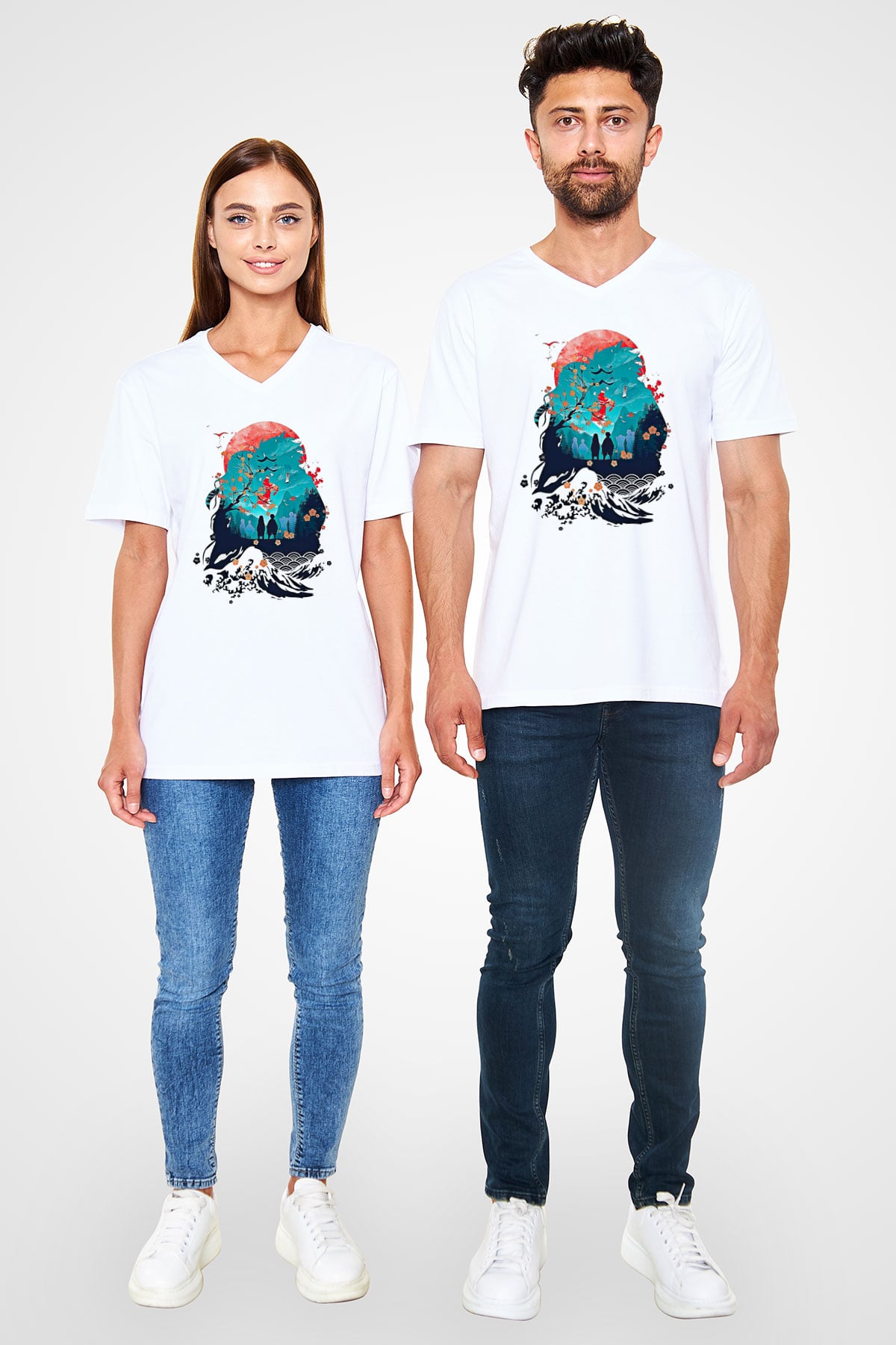 Demon Slayer Baskılı Beyaz Unisex V Yaka Tişört - Tshirt