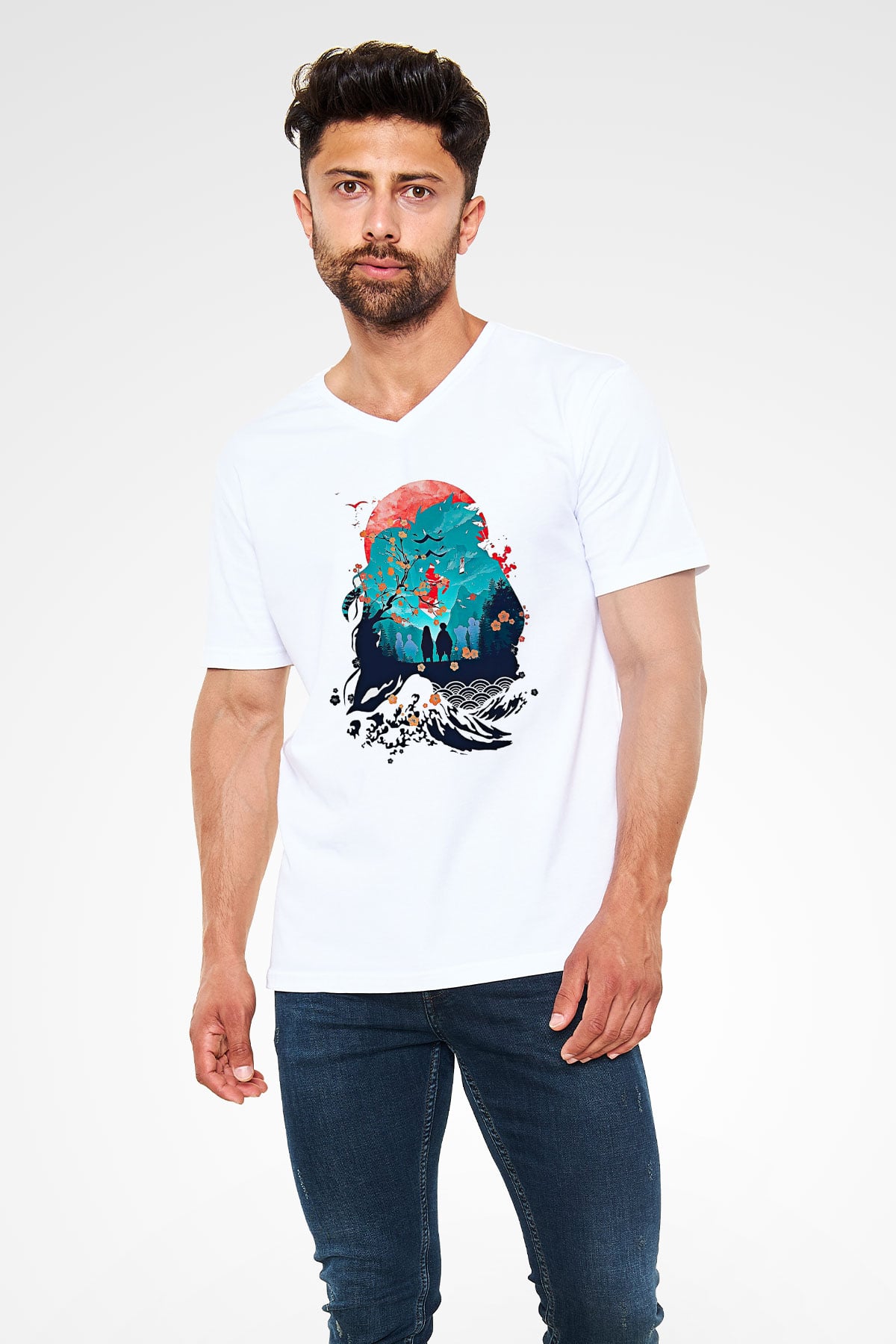 Demon Slayer Baskılı Beyaz Unisex V Yaka Tişört - Tshirt