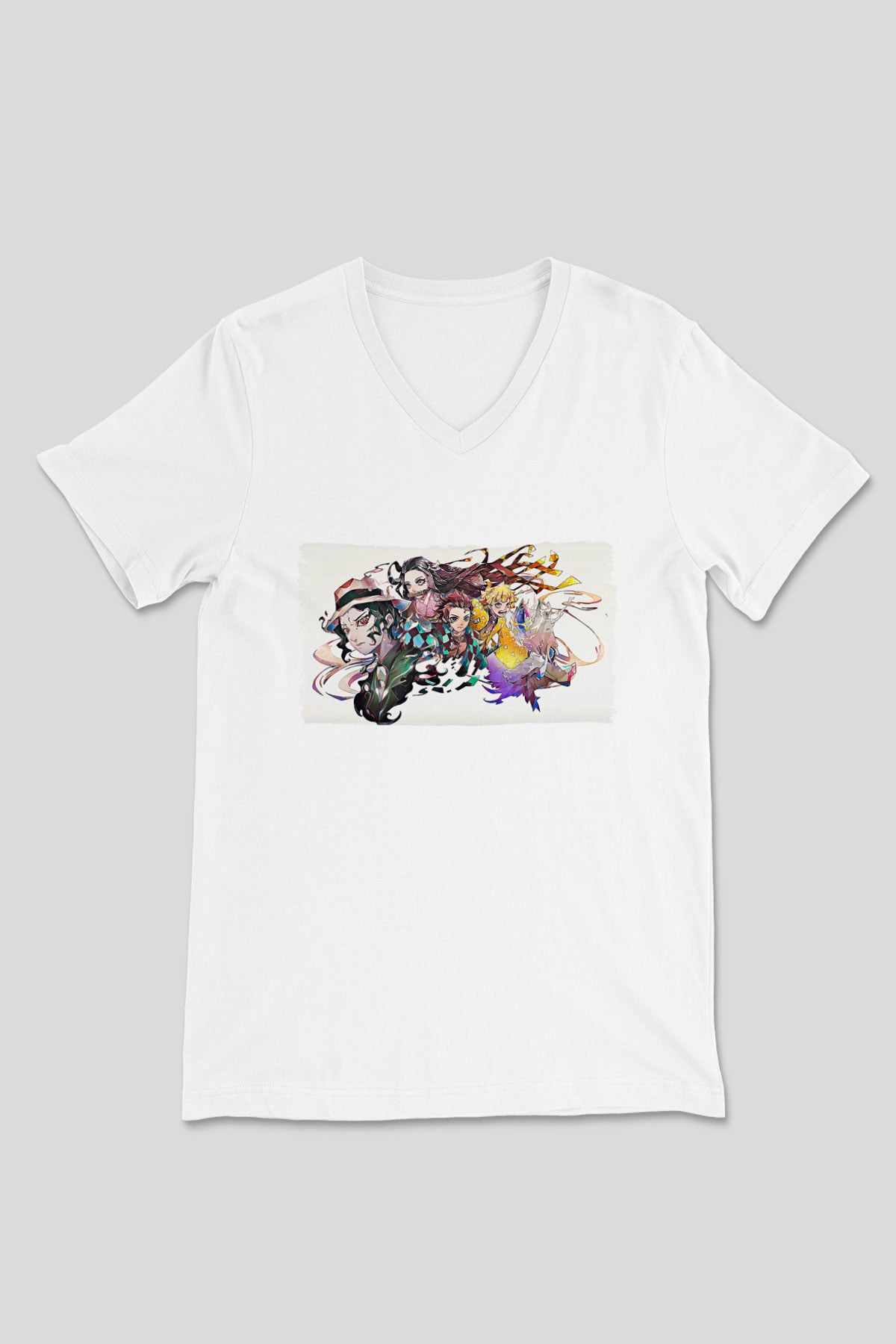 Demon Slayer Baskılı Beyaz Unisex V Yaka Tişört - Tshirt