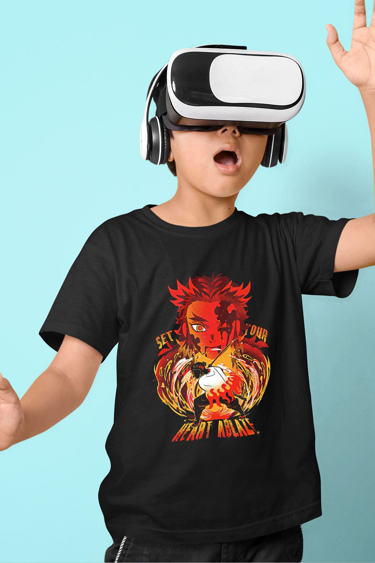 Demon Slayer Baskılı Unisex Siyah Çocuk Tişört - Tshirt