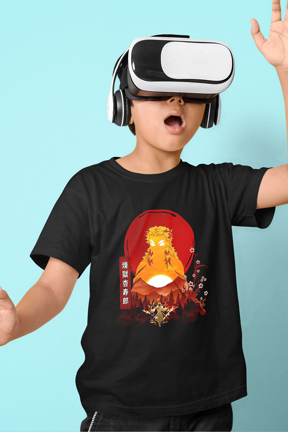 Demon Slayer Baskılı Unisex Siyah Çocuk Tişört - Tshirt