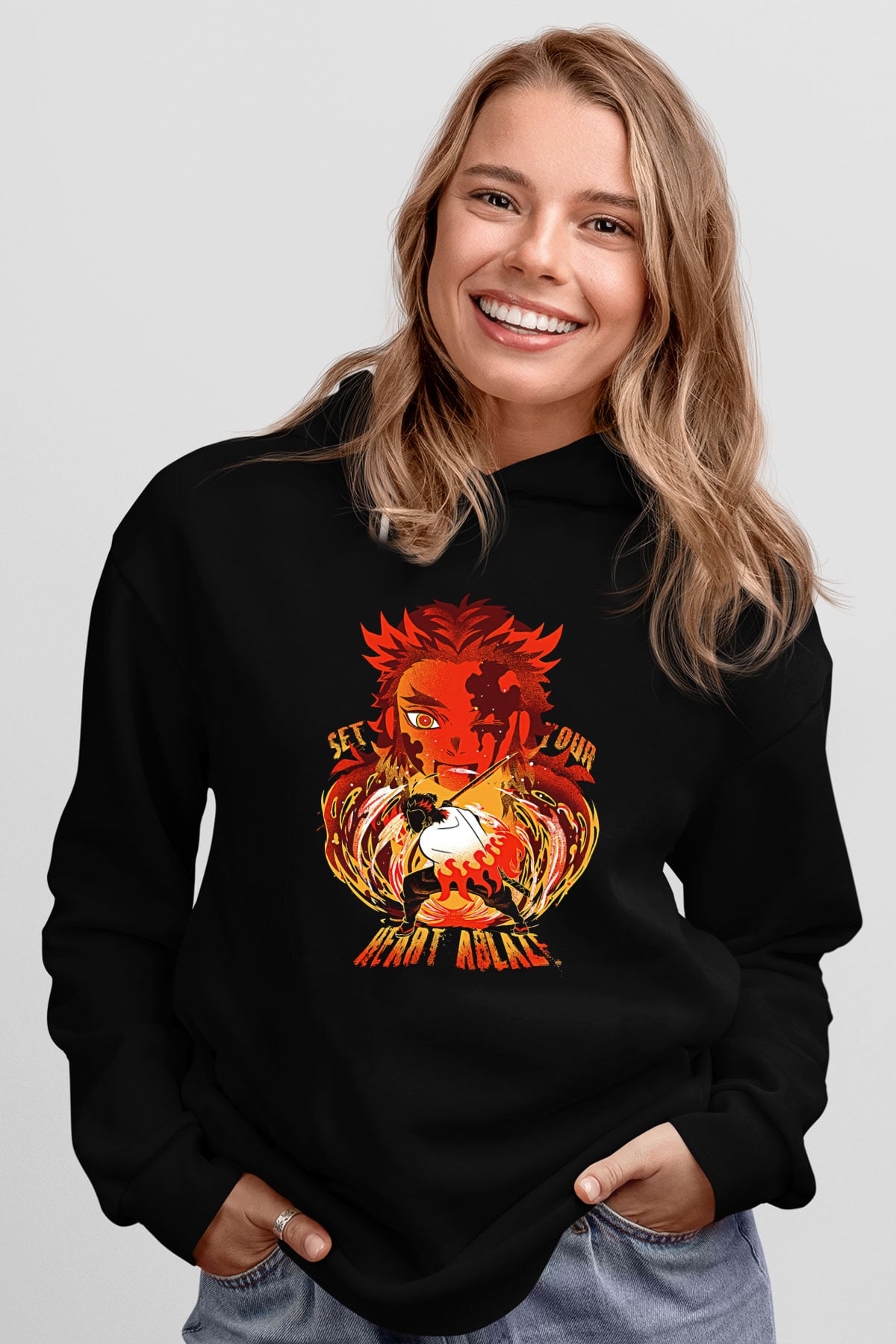 Demon Slayer Baskılı Unisex Siyah Hoodie
