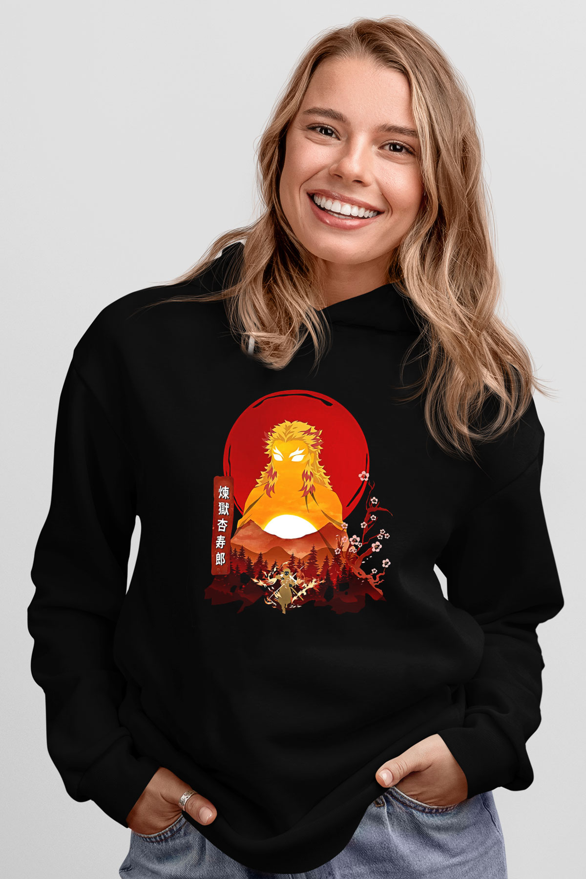 Demon Slayer Baskılı Unisex Siyah Hoodie