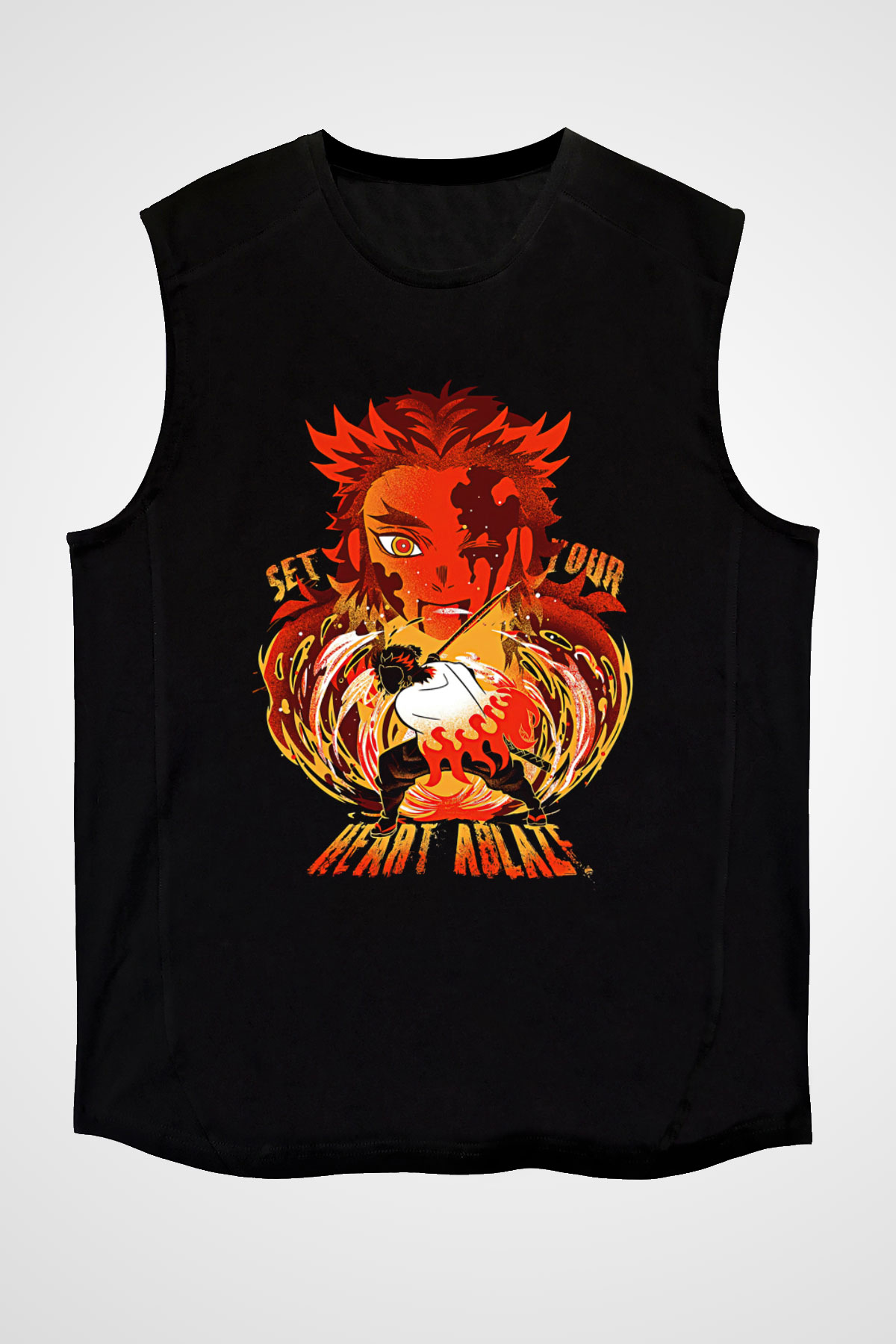 Demon Slayer Baskılı Unisex Siyah Kolsuz Tişört - Tshirt