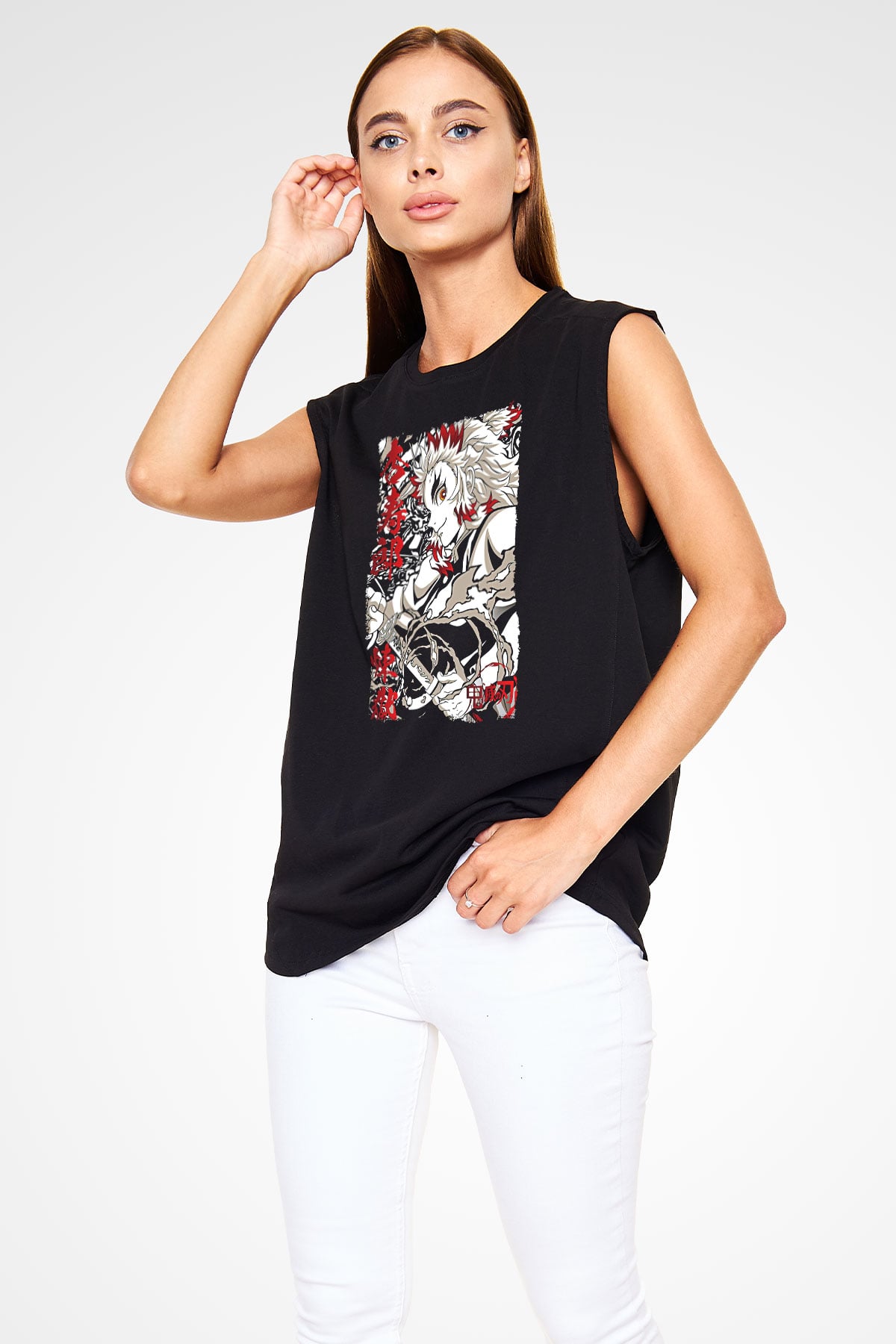 Demon Slayer Baskılı Unisex Siyah Kolsuz Tişört - Tshirt