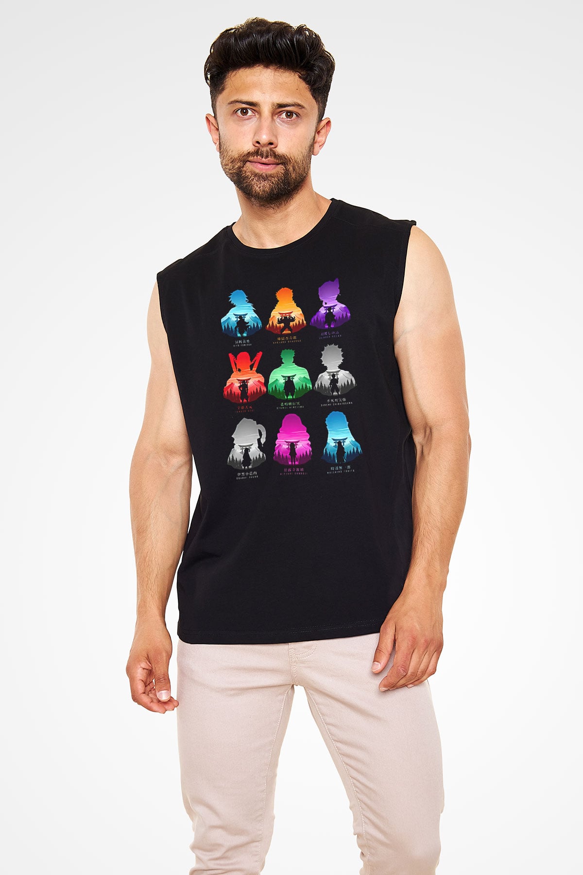 Demon Slayer Baskılı Unisex Siyah Kolsuz Tişört - Tshirt