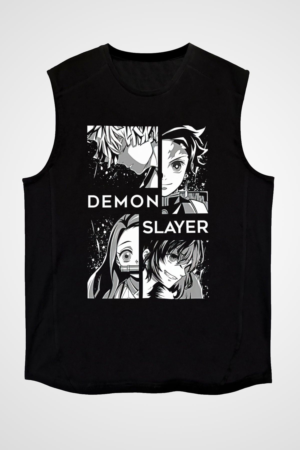 Demon Slayer Baskılı Unisex Siyah Kolsuz Tişört - Tshirt