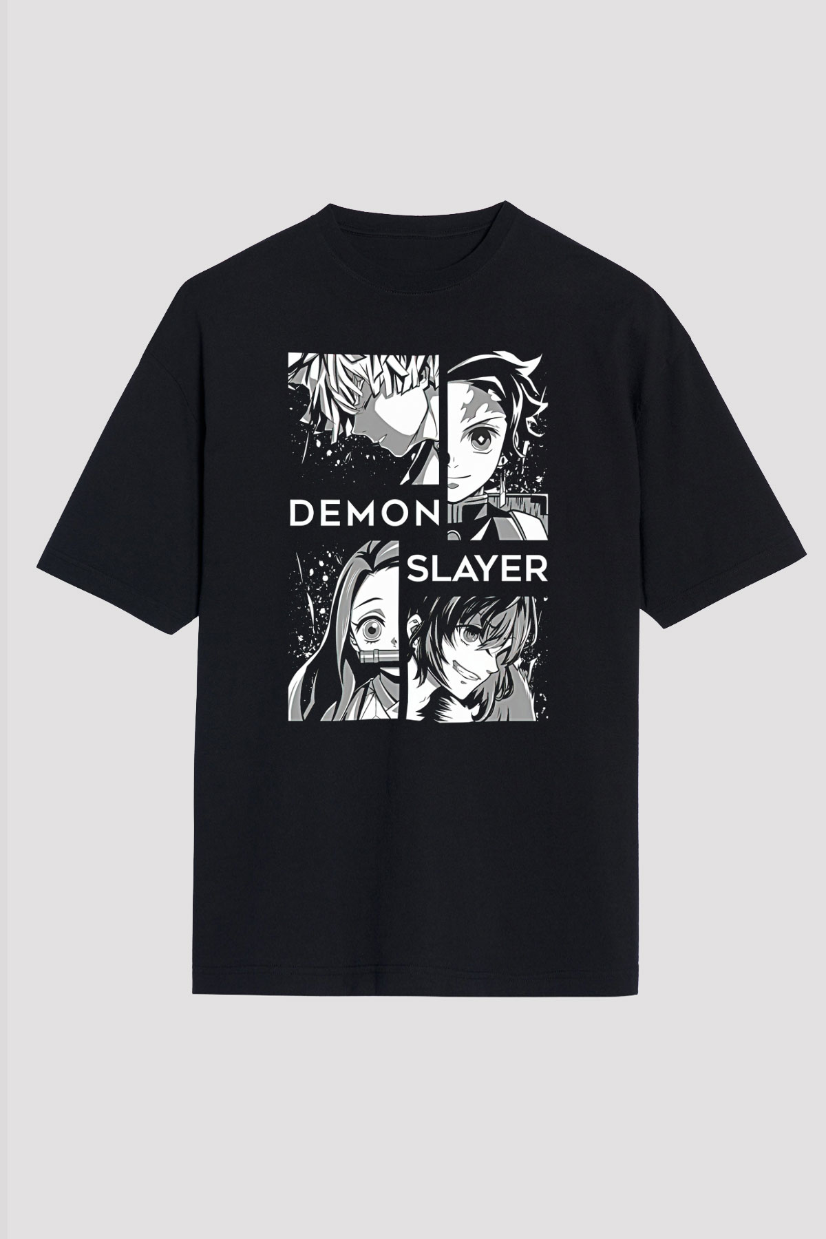 Demon Slayer Baskılı Unisex Siyah Oversize Tişört - Tshirt