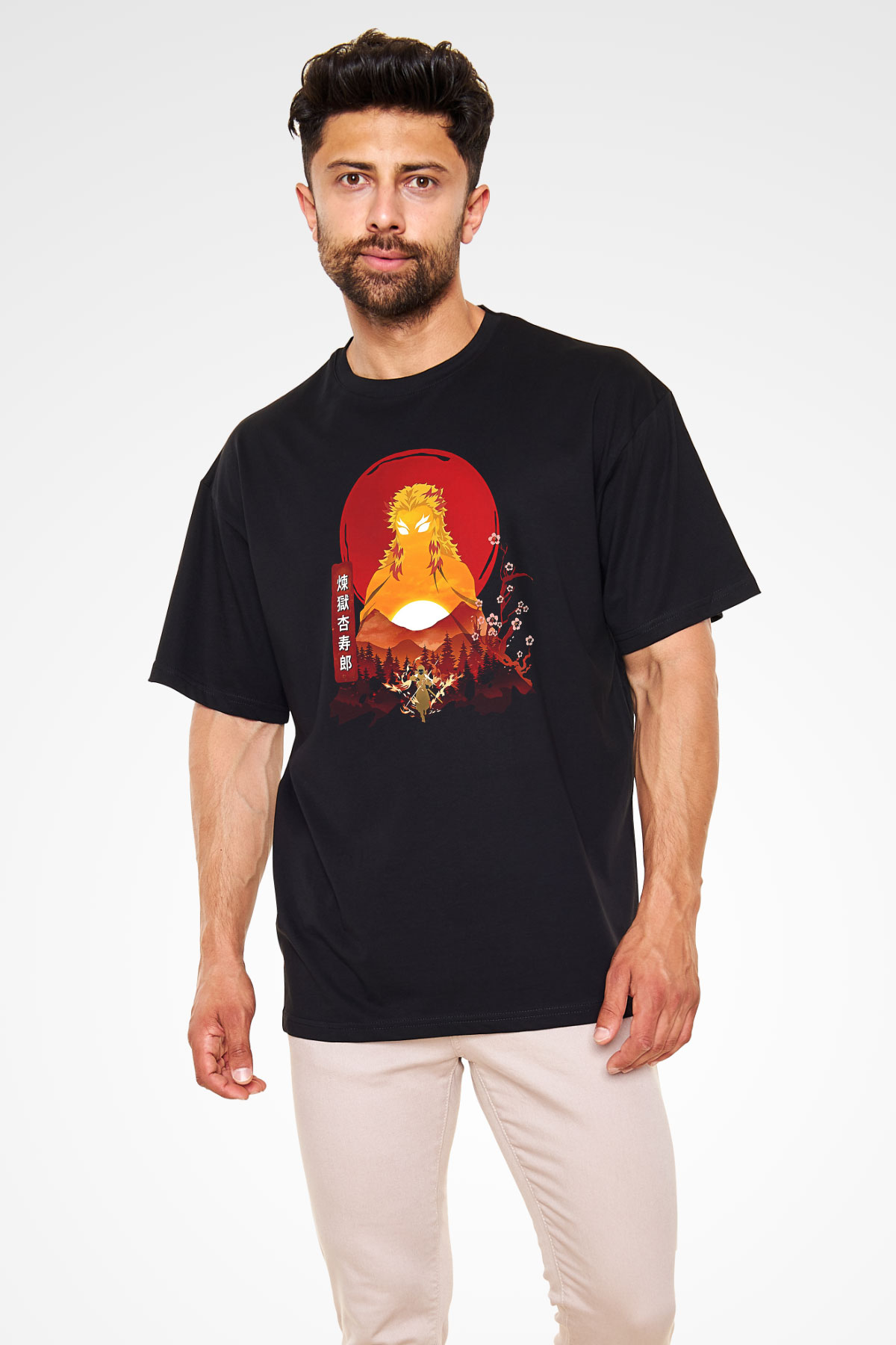 Demon Slayer Baskılı Unisex Siyah Oversize Tişört - Tshirt