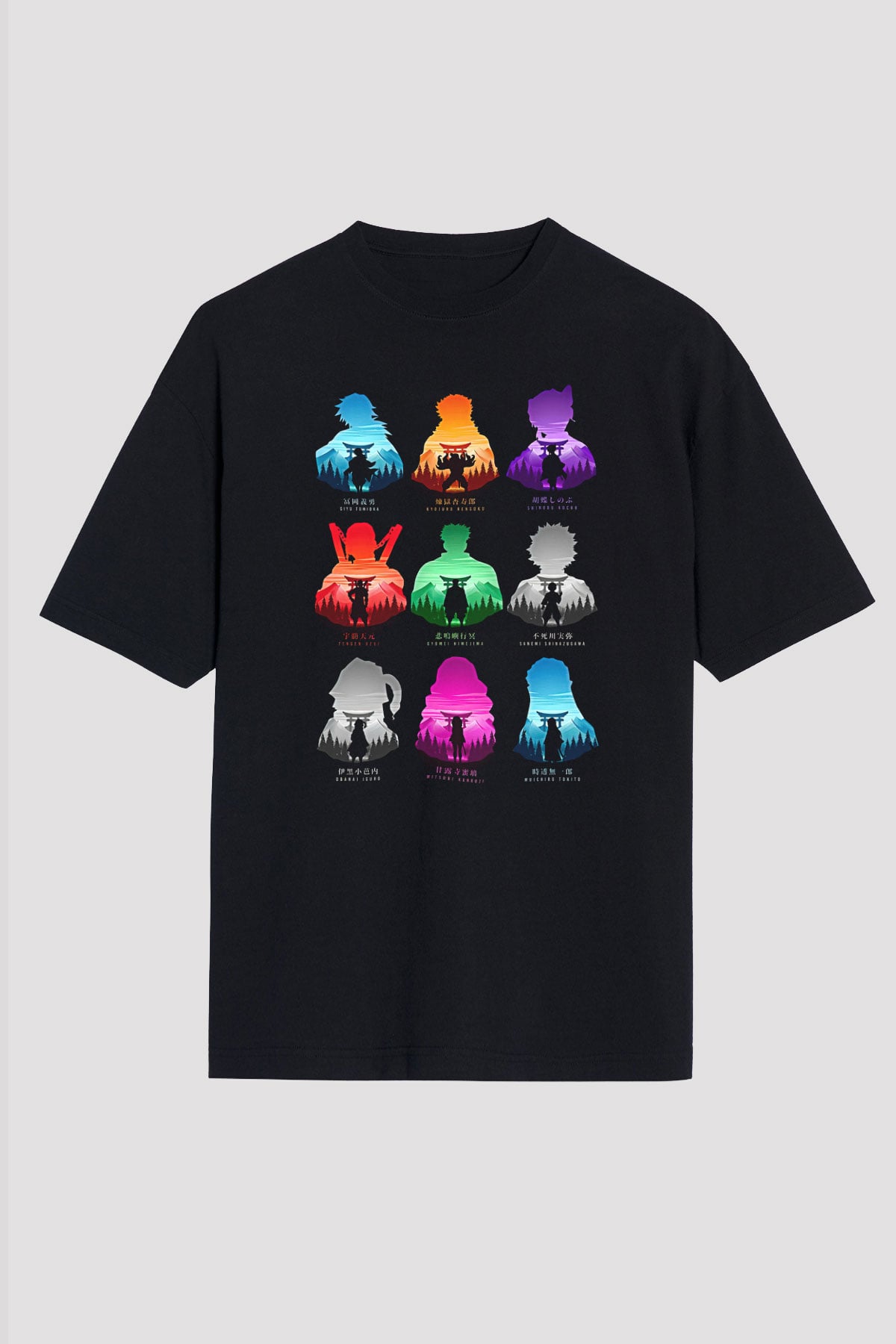 Demon Slayer Baskılı Unisex Siyah Oversize Tişört - Tshirt