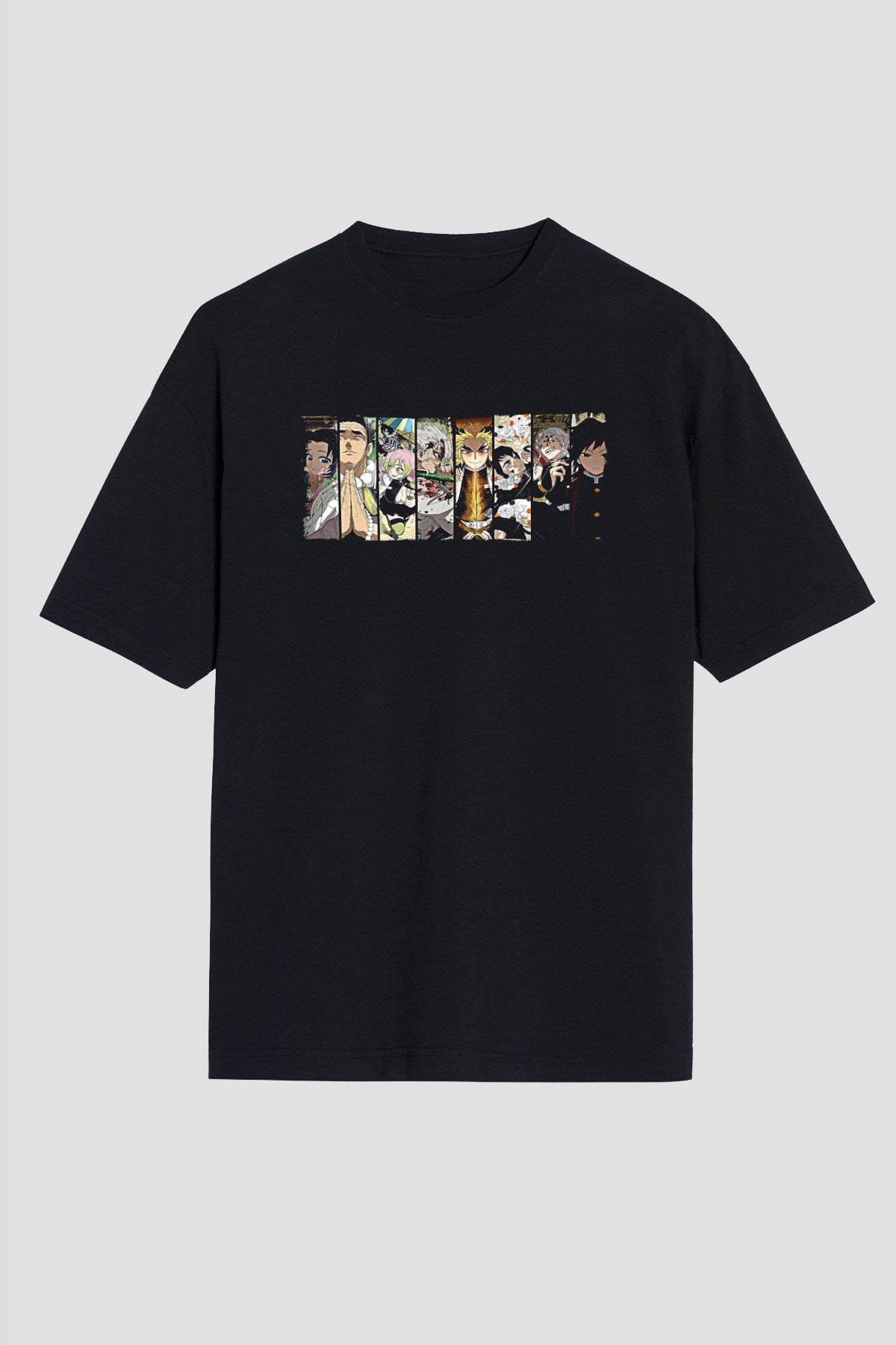 Demon Slayer Baskılı Unisex Siyah Oversize Tişört - Tshirt