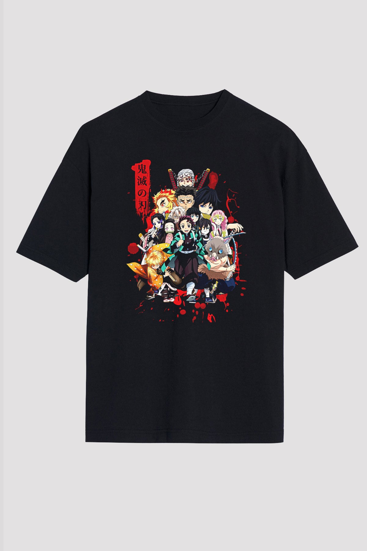 Demon Slayer Baskılı Unisex Siyah Oversize Tişört - Tshirt