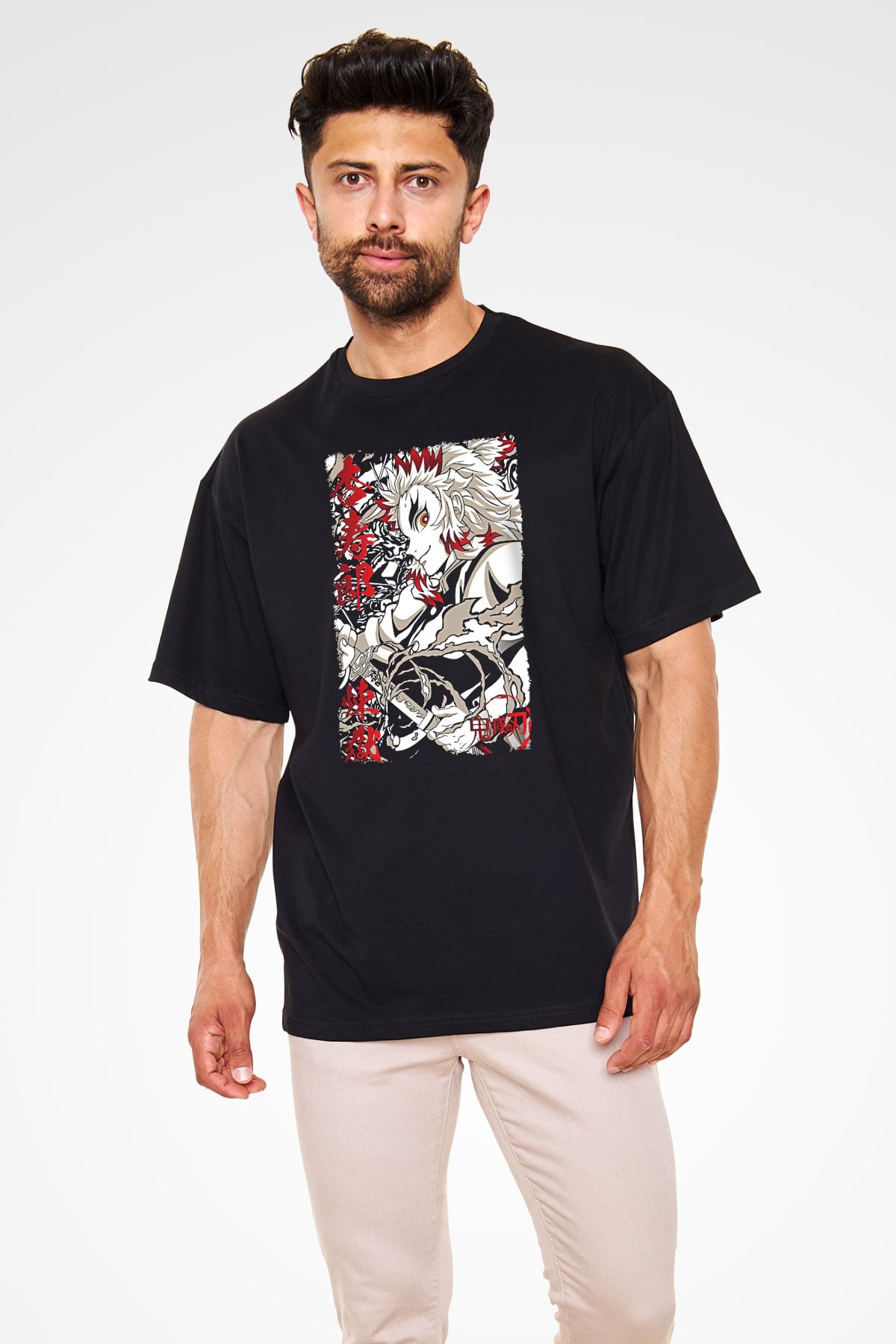Demon Slayer Baskılı Unisex Siyah Oversize Tişört - Tshirt