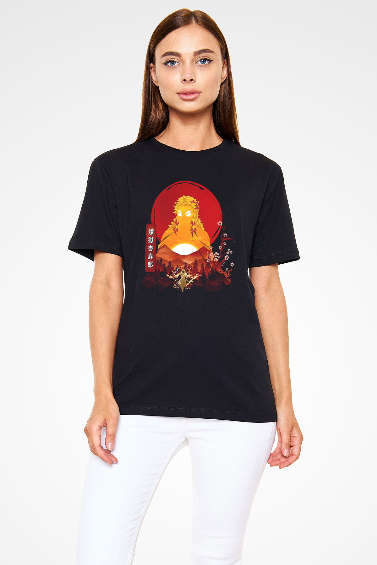 Demon Slayer Baskılı Unisex Siyah Tişört - Tshirt