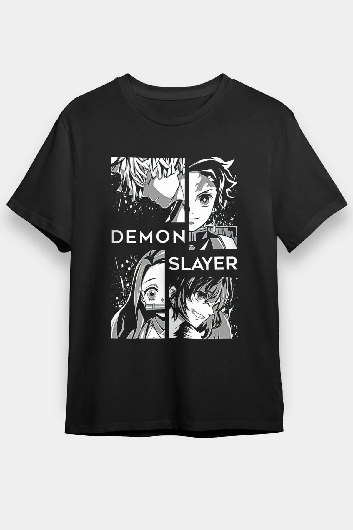 Demon Slayer Baskılı Unisex Siyah Tişört - Tshirt