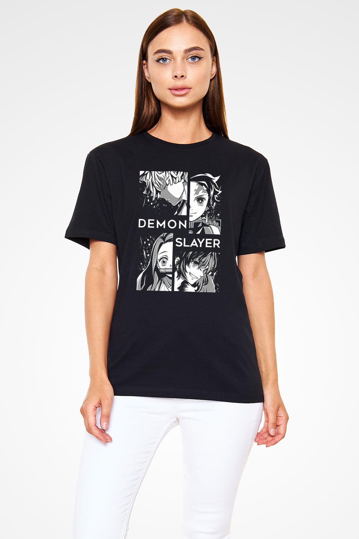 Demon Slayer Baskılı Unisex Siyah Tişört - Tshirt