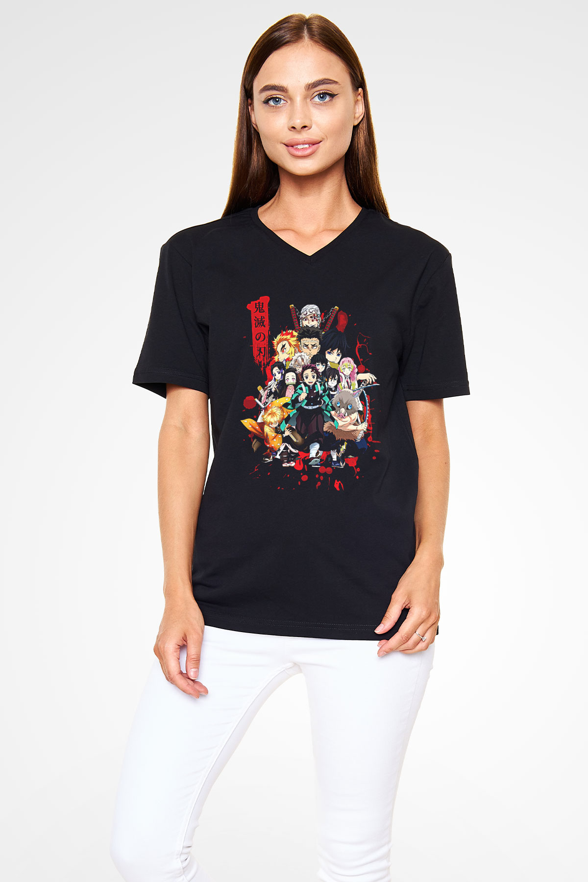 Demon Slayer Baskılı Unisex Siyah V Yaka Tişört - Tshirt