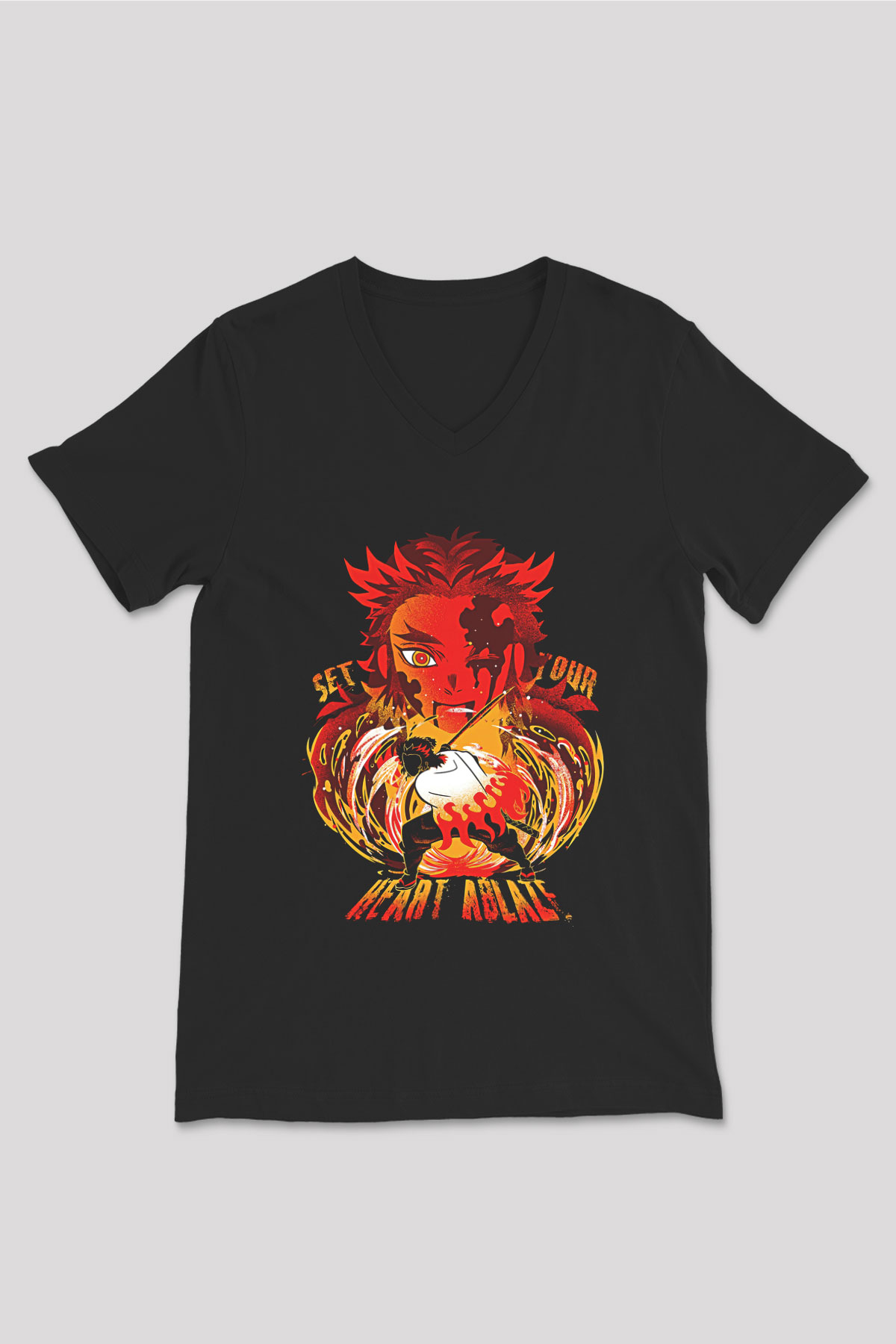 Demon Slayer Baskılı Unisex Siyah V Yaka Tişört - Tshirt