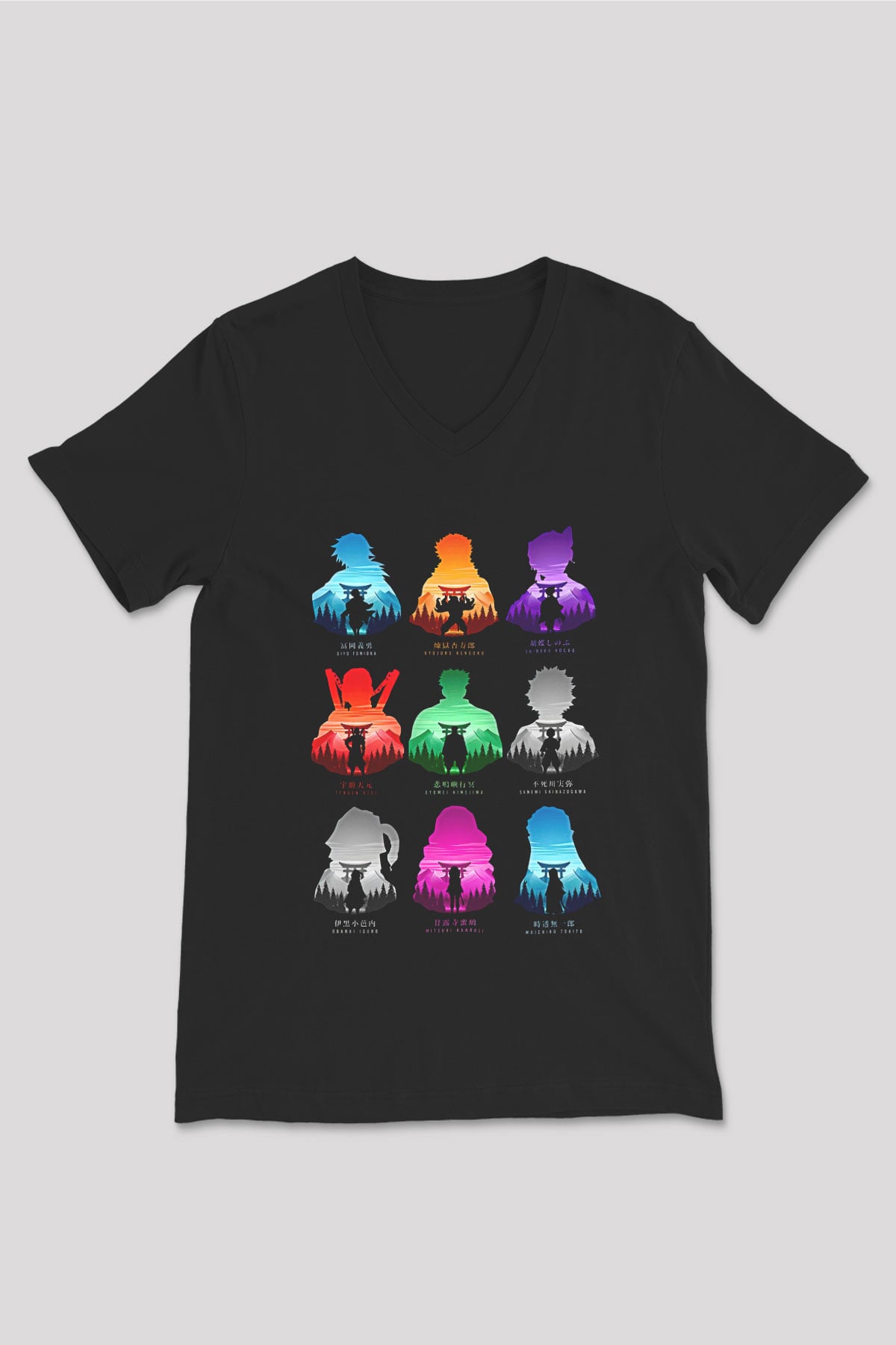 Demon Slayer Baskılı Unisex Siyah V Yaka Tişört - Tshirt