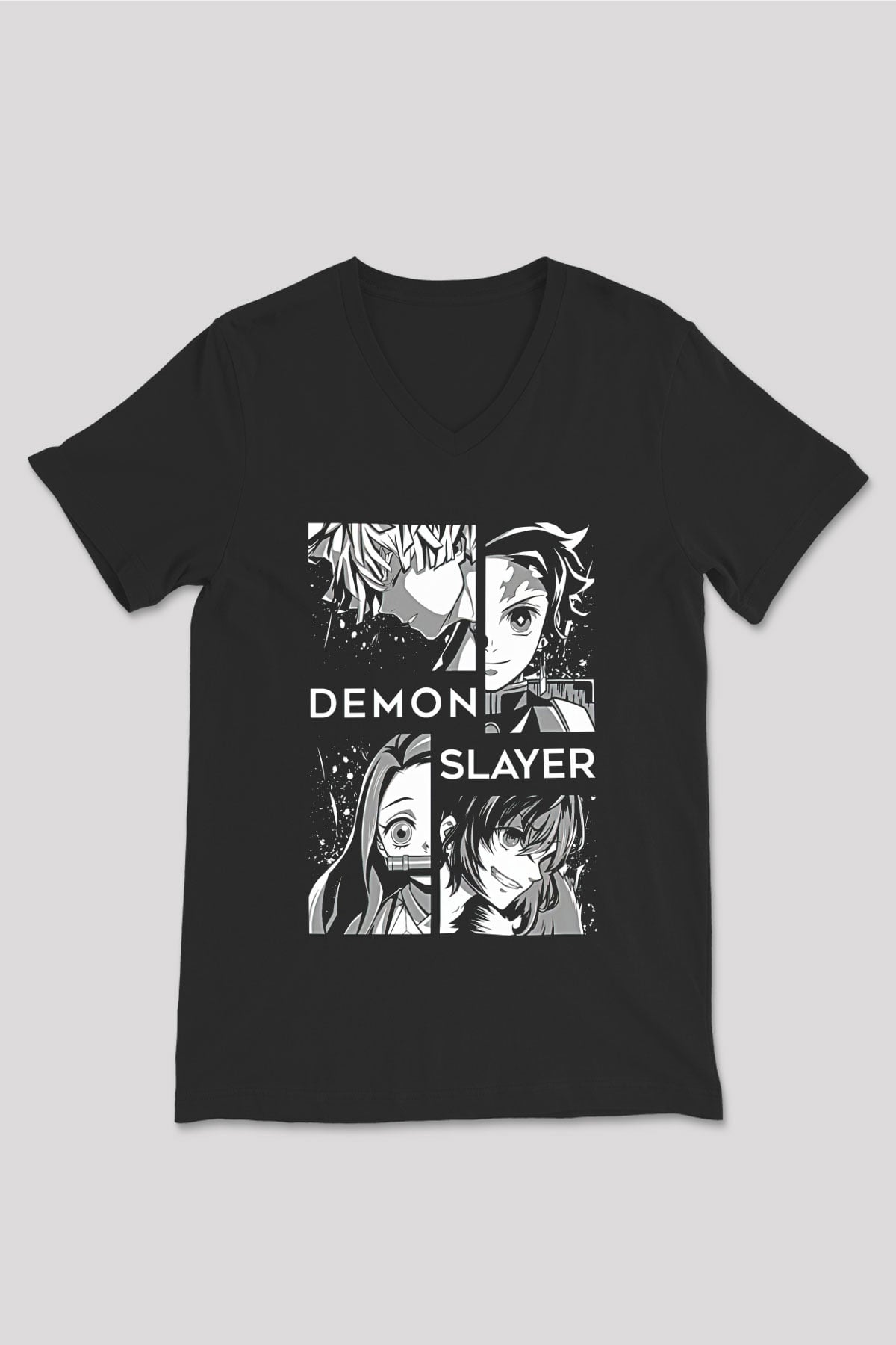 Demon Slayer Baskılı Unisex Siyah V Yaka Tişört - Tshirt