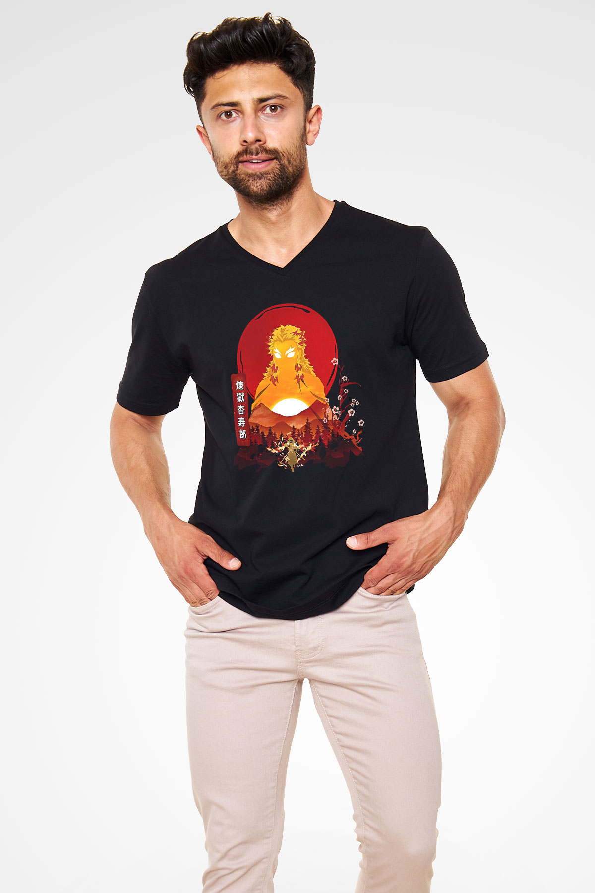 Demon Slayer Baskılı Unisex Siyah V Yaka Tişört - Tshirt