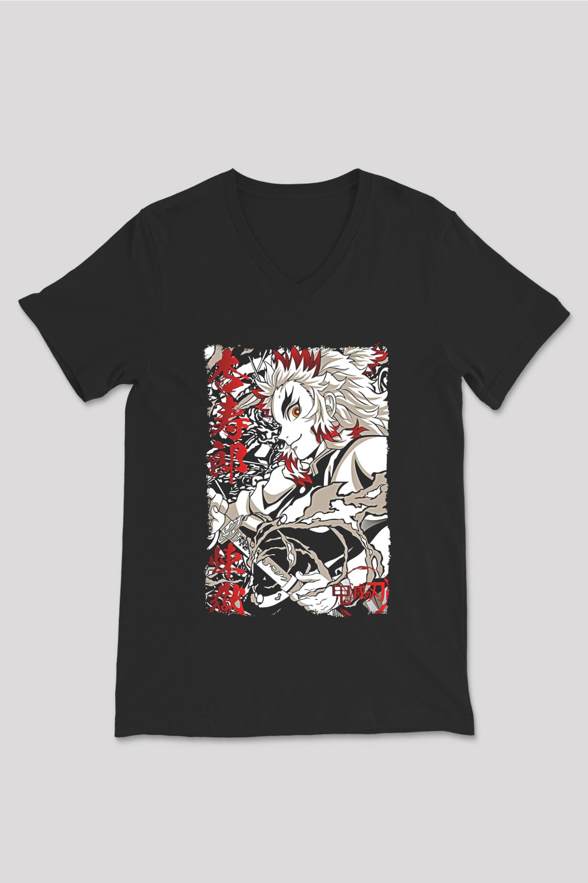 Demon Slayer Baskılı Unisex Siyah V Yaka Tişört - Tshirt