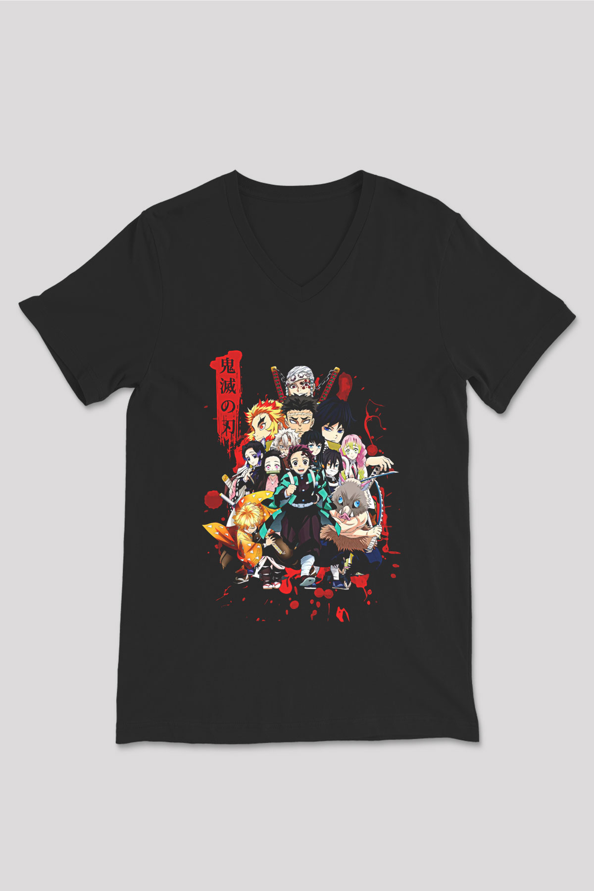 Demon Slayer Baskılı Unisex Siyah V Yaka Tişört - Tshirt