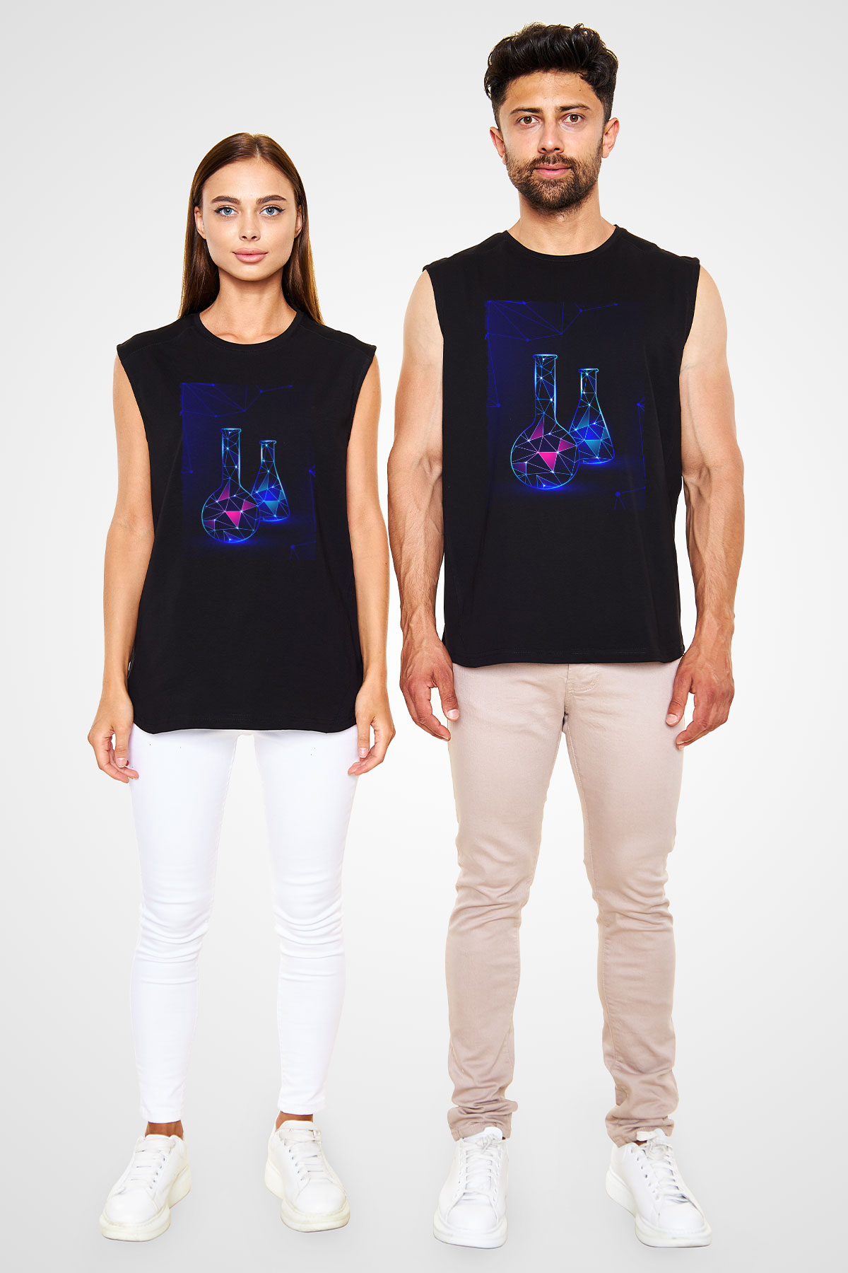 Deney Tüpleri Baskılı Unisex Siyah Kolsuz Tişört