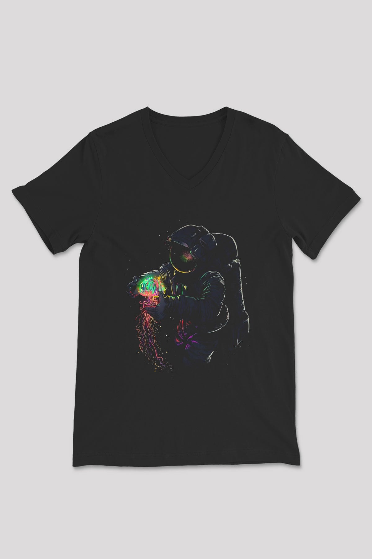 Deniz Altındaki Astronot Baskılı Unisex Siyah  V Yaka Tişört