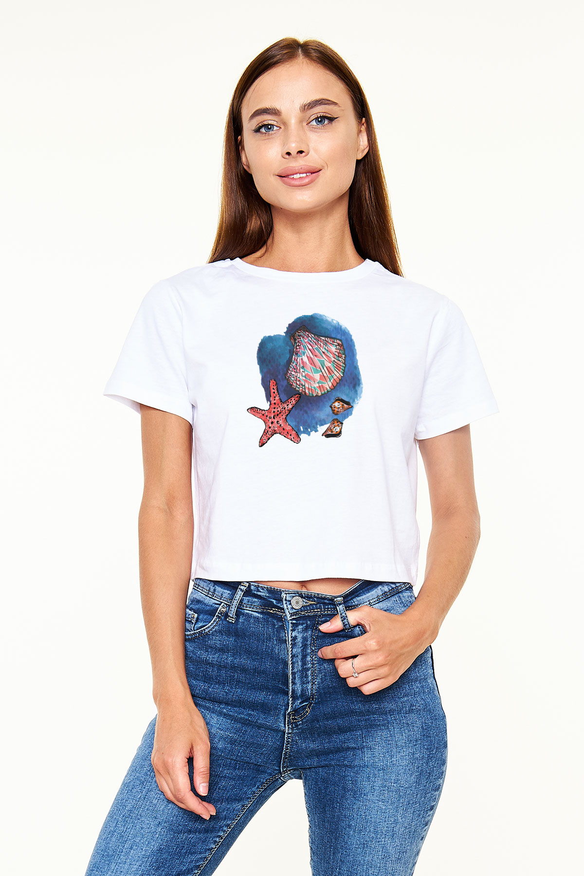 Deniz canlıları Beyaz  Crop Top Tişört