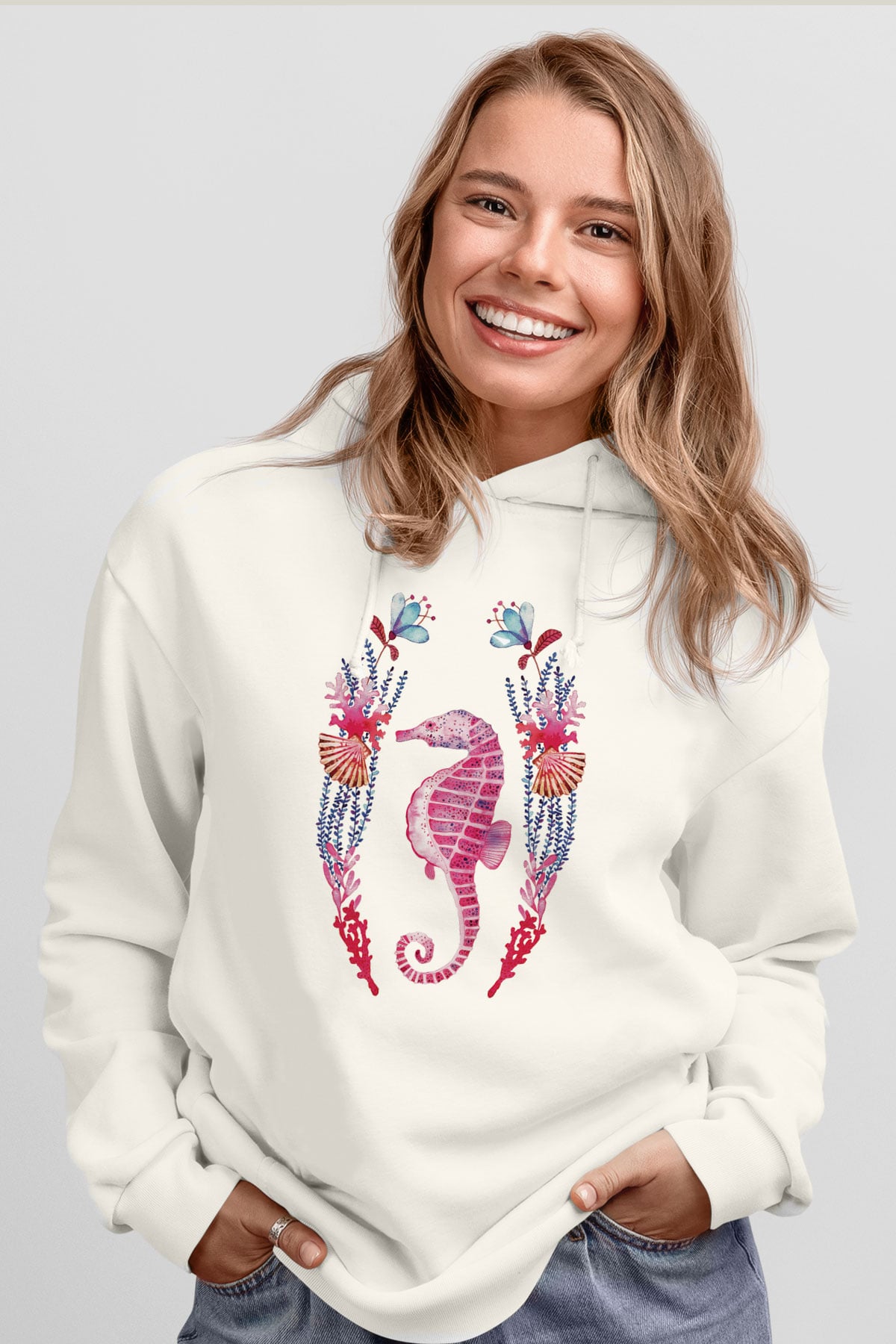 Deniz canlıları Beyaz Unisex Kapşonlu Sweatshirt