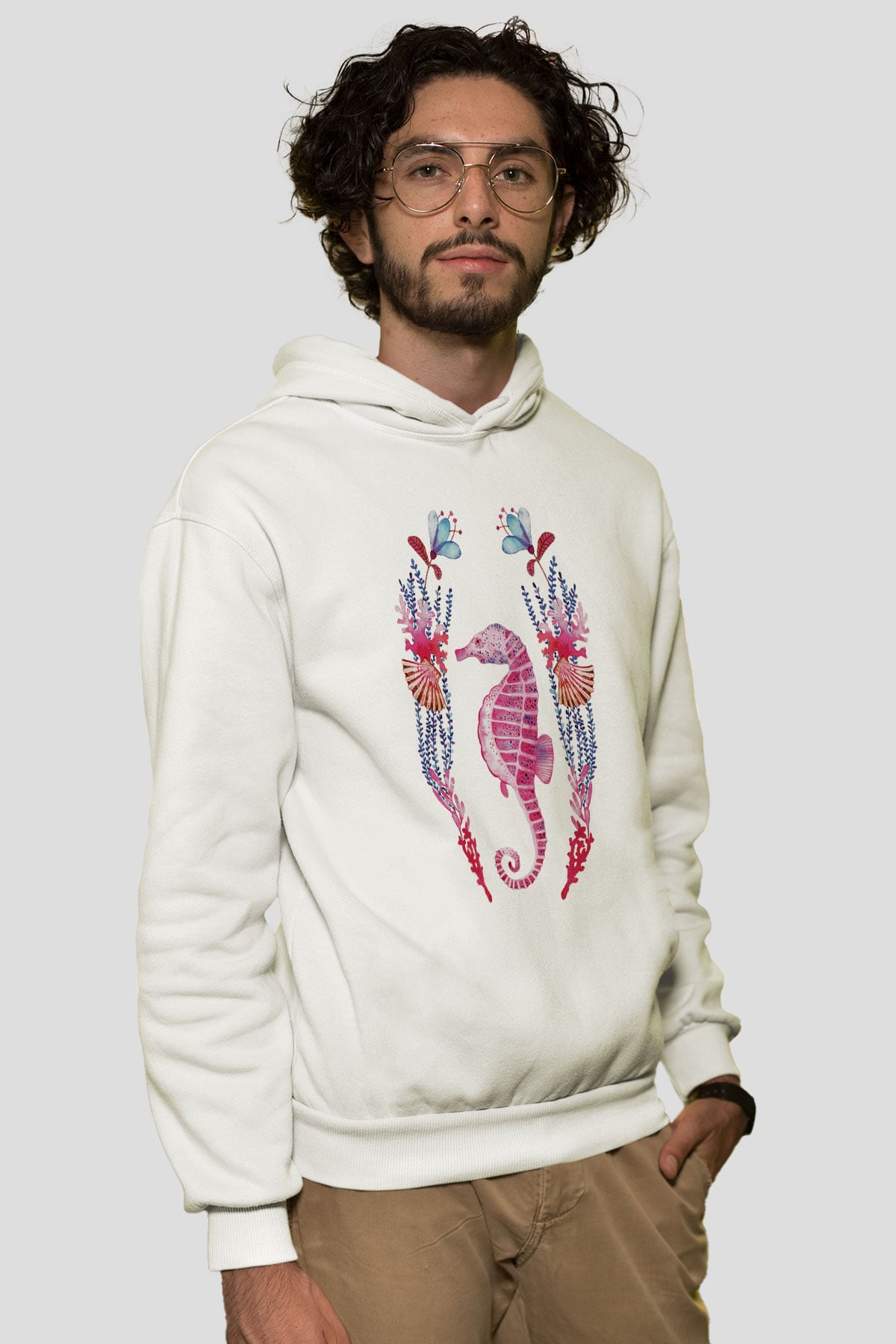 Deniz canlıları Beyaz Unisex Kapşonlu Sweatshirt