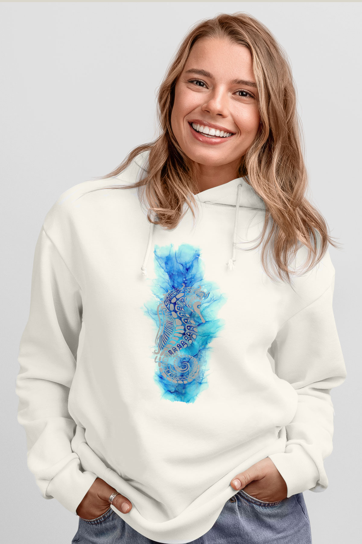 Deniz canlıları Beyaz Unisex Kapüşonlu Sweatshirt