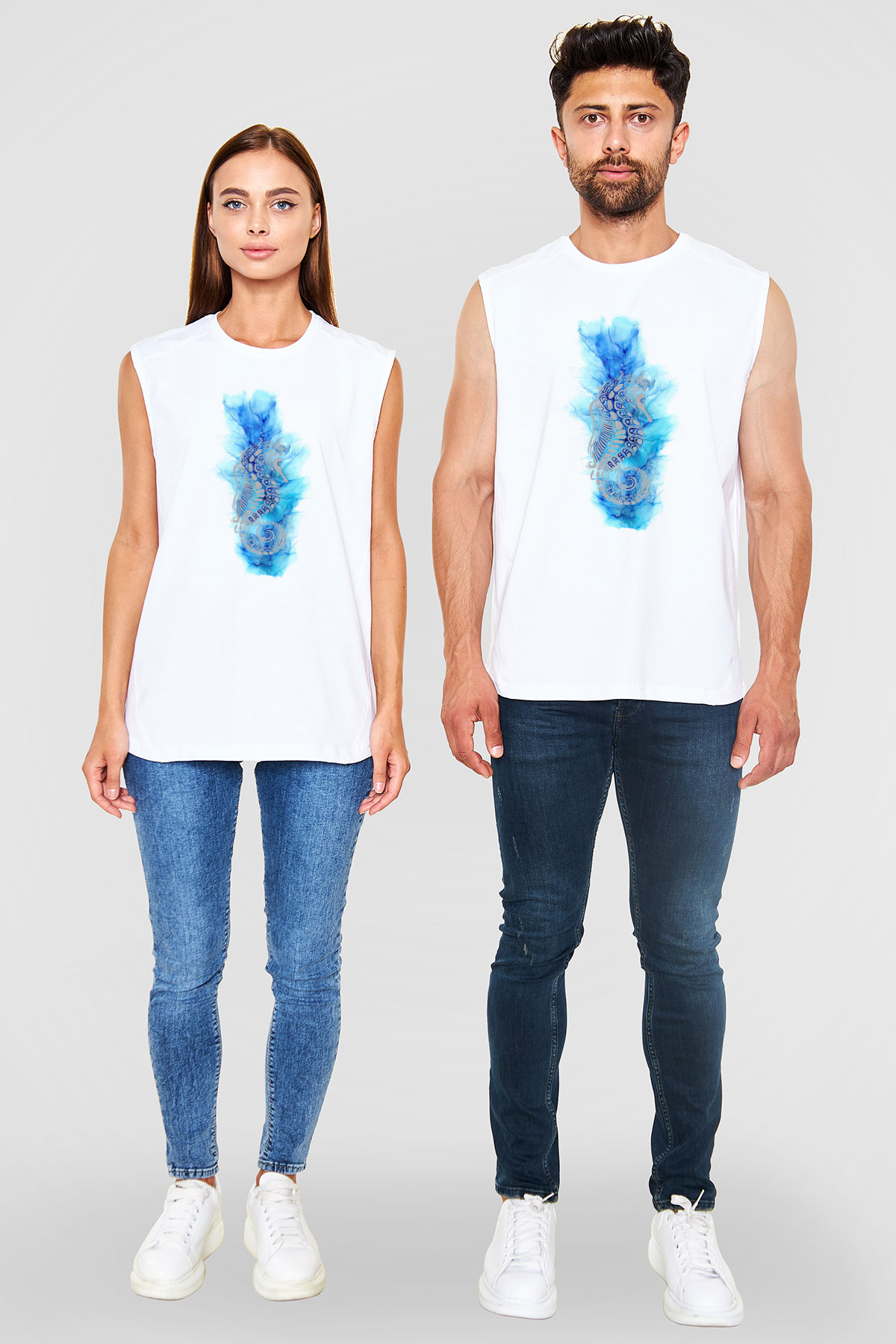 Deniz canlıları Beyaz Unisex Kolsuz Tişört