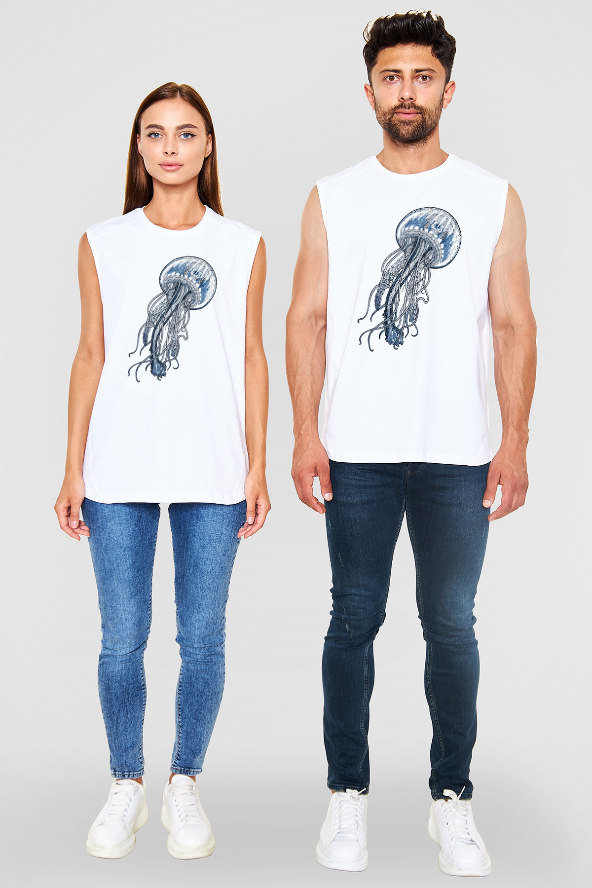 Deniz canlıları Beyaz Unisex Kolsuz Tişört