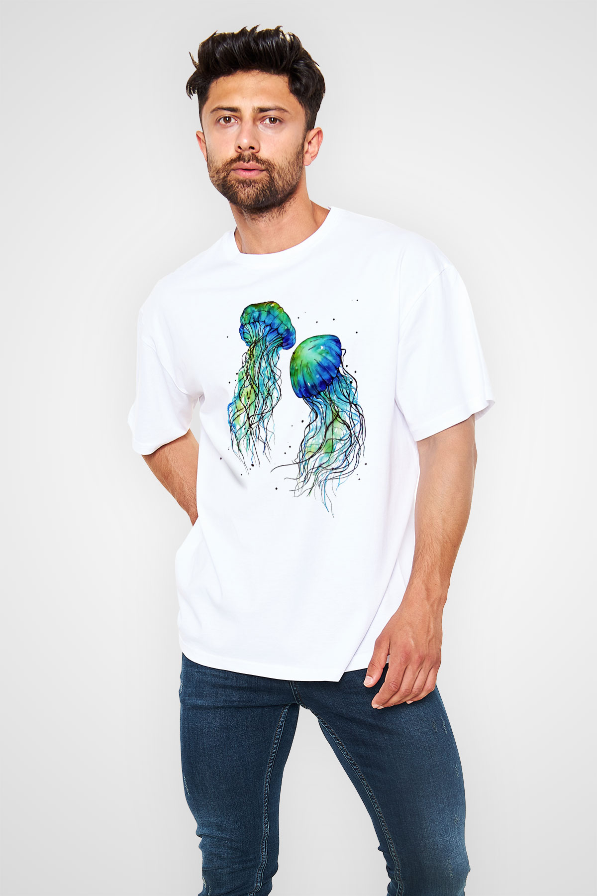 Deniz canlıları Beyaz Unisex Oversize Tişört T-Shirt