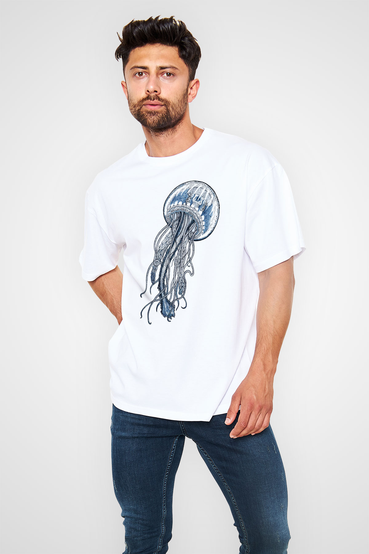 Deniz canlıları Beyaz Unisex Oversize Tişört T-Shirt