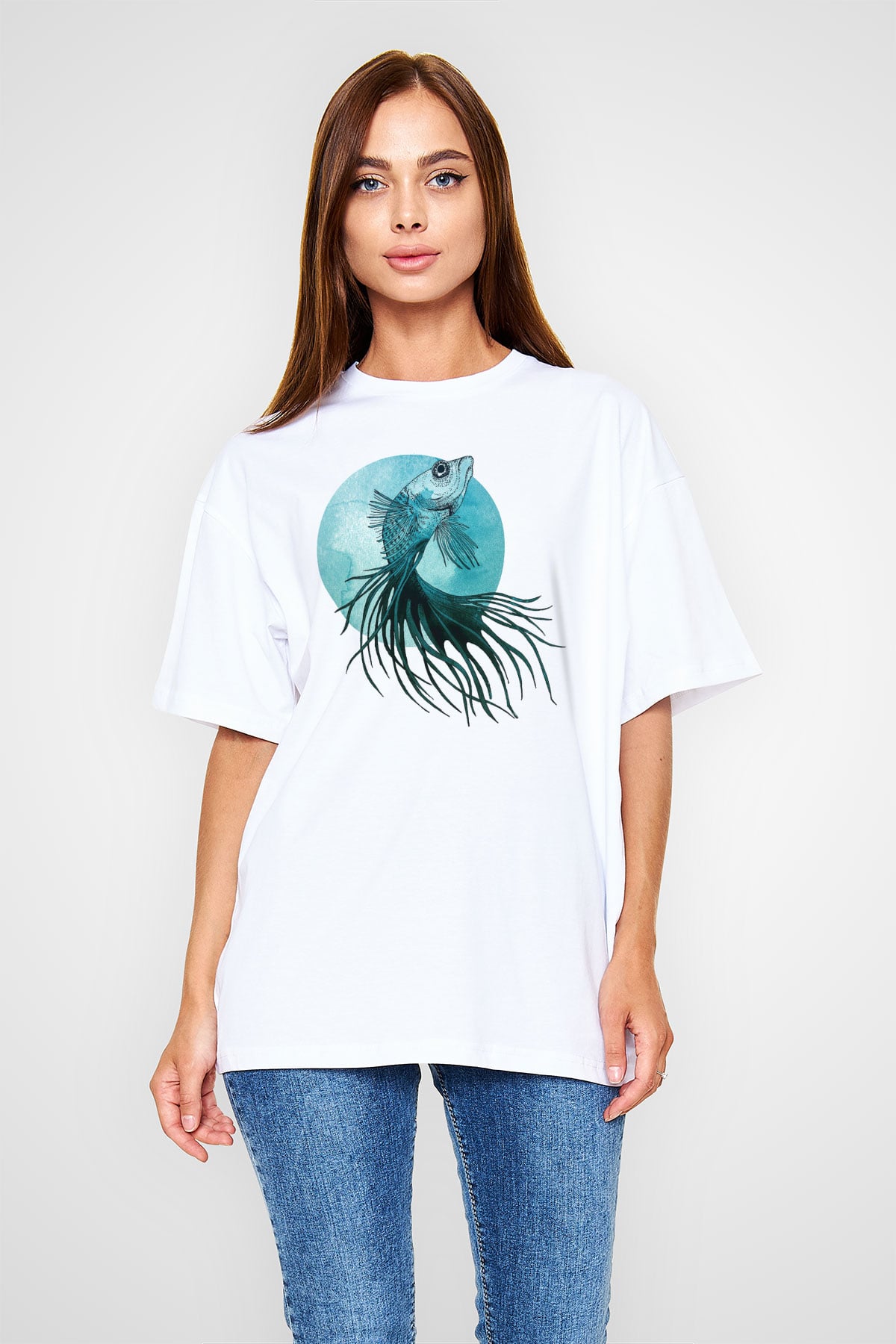 Deniz canlıları Beyaz Unisex Oversize Tişört T-Shirt