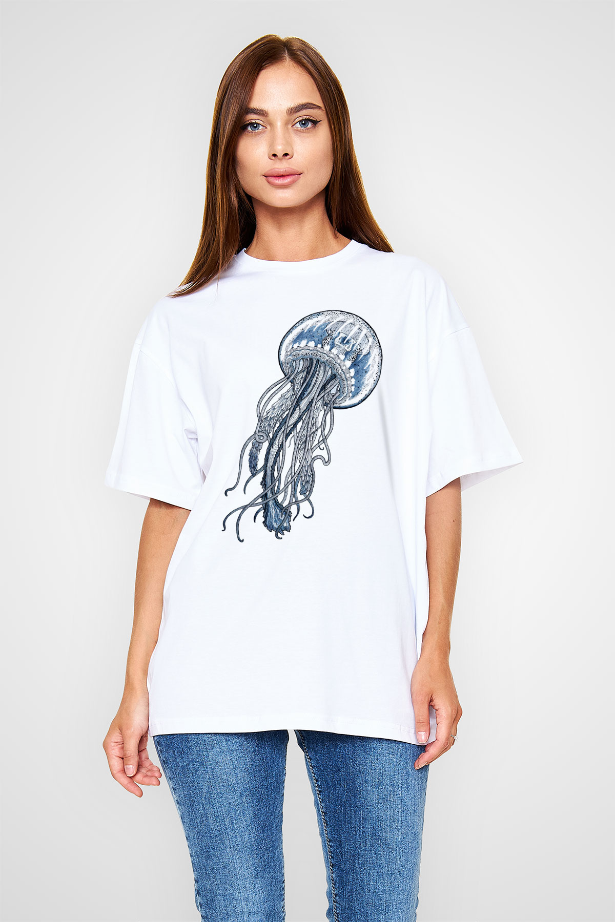 Deniz canlıları Beyaz Unisex Oversize Tişört T-Shirt
