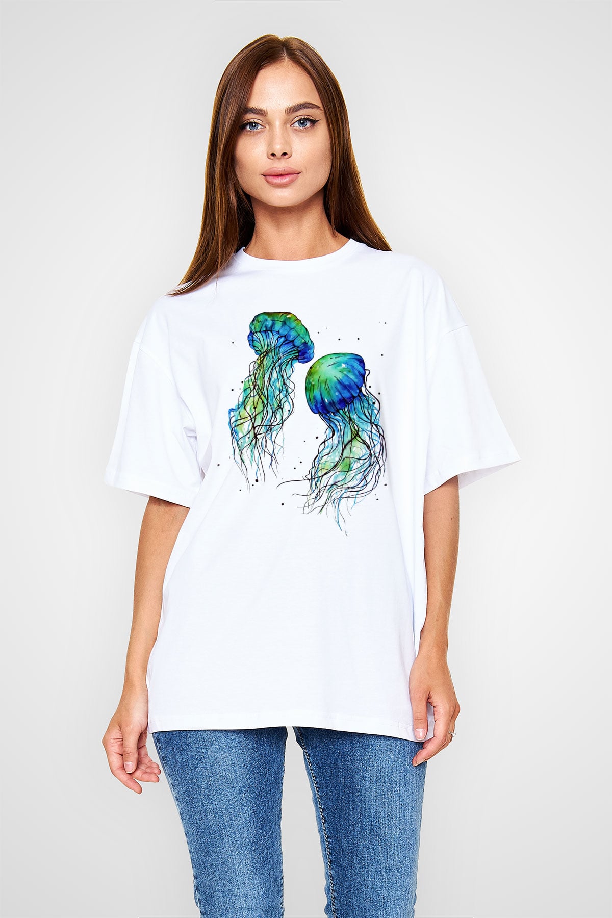 Deniz canlıları Beyaz Unisex Oversize Tişört T-Shirt