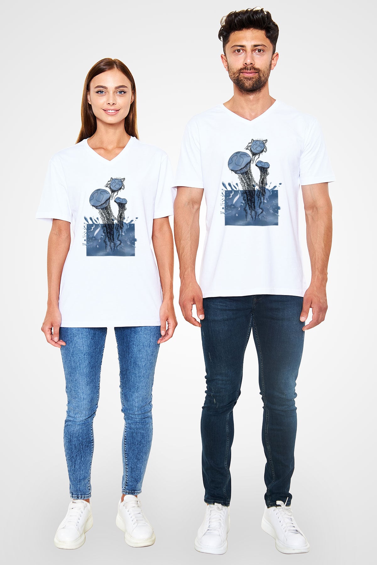 Deniz canlıları Beyaz Unisex V Yaka Tişört