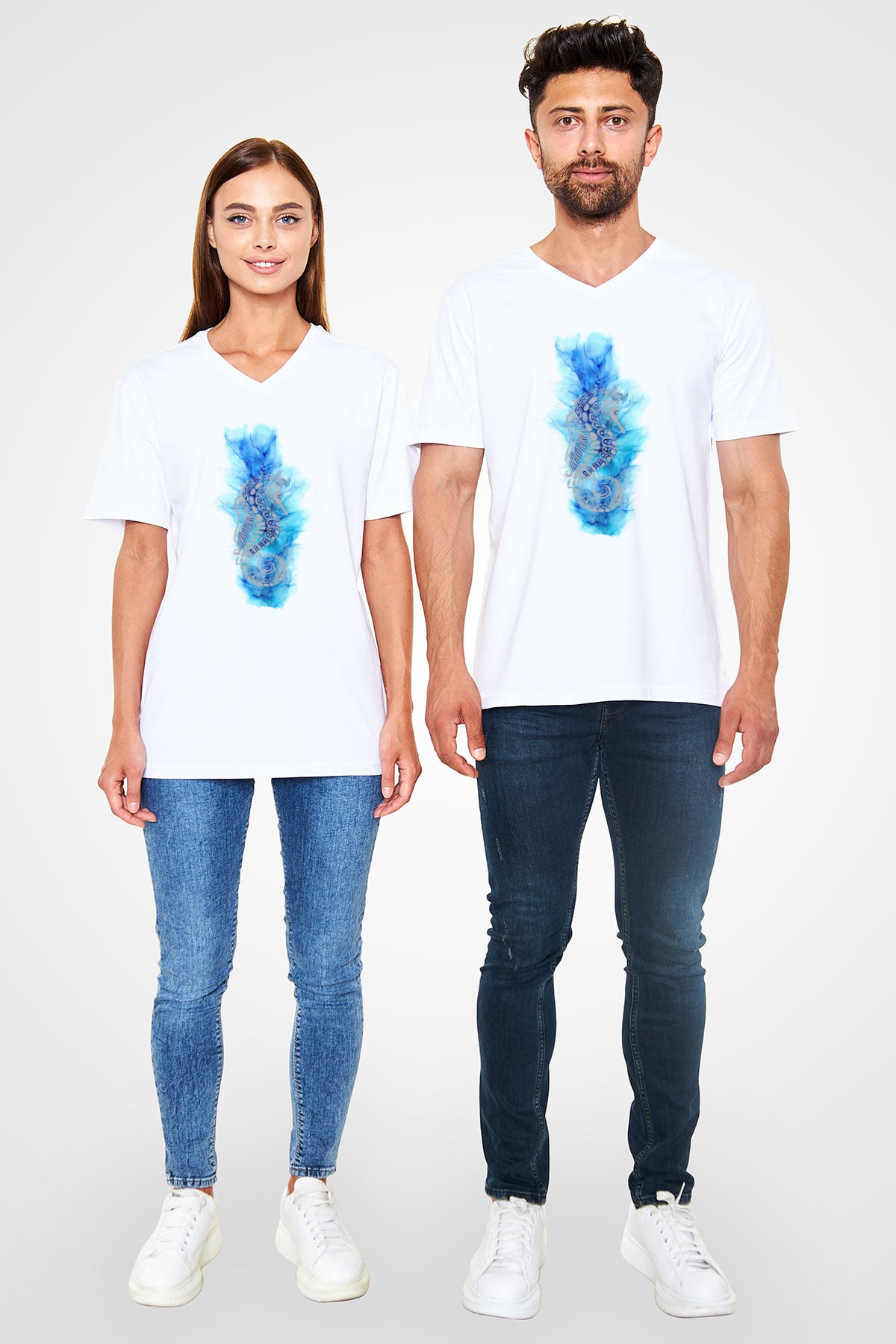 Deniz canlıları Beyaz Unisex V Yaka Tişört