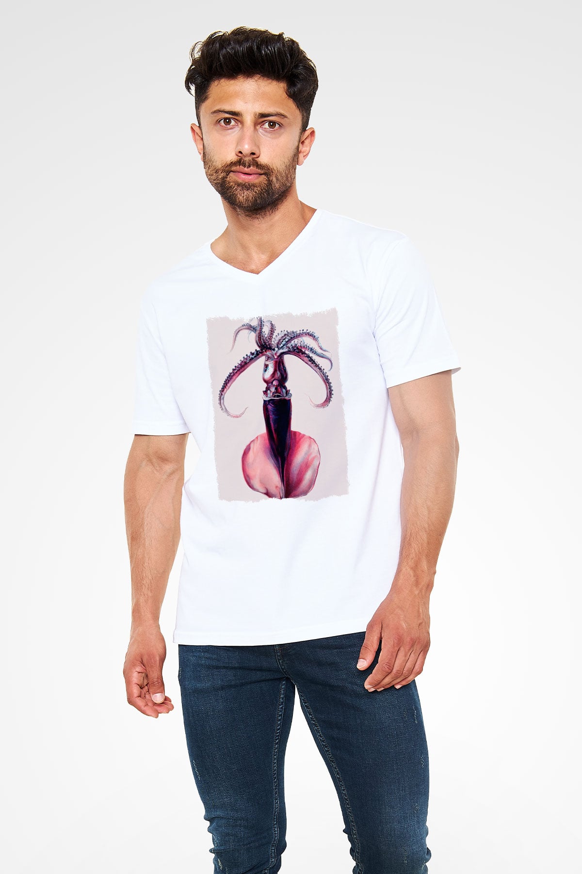 Deniz canlıları Beyaz Unisex V Yaka Tişört