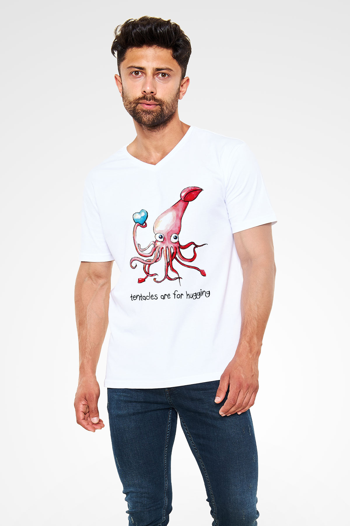 Deniz canlıları Beyaz Unisex V Yaka Tişört T-Shirt