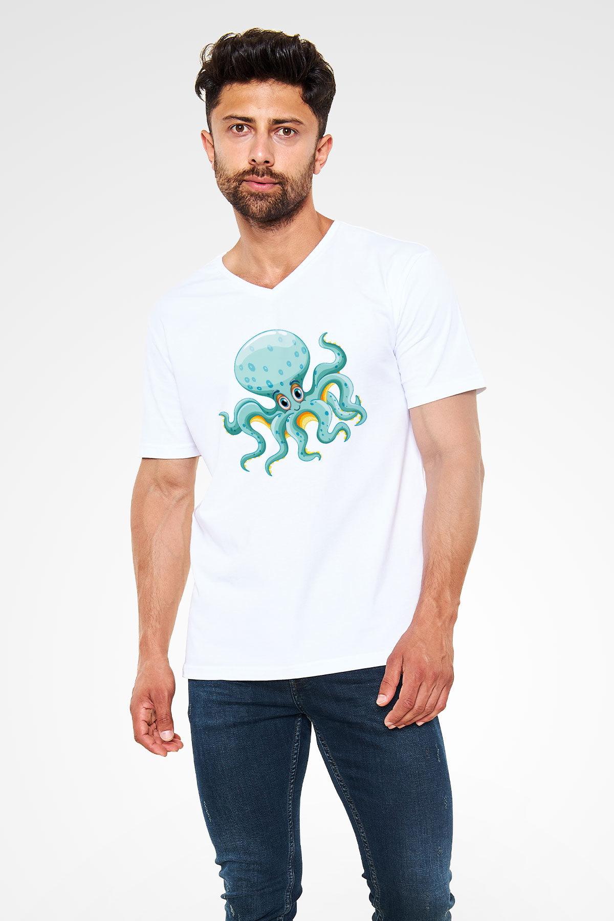 Deniz canlıları Beyaz Unisex V Yaka Tişört T-Shirt