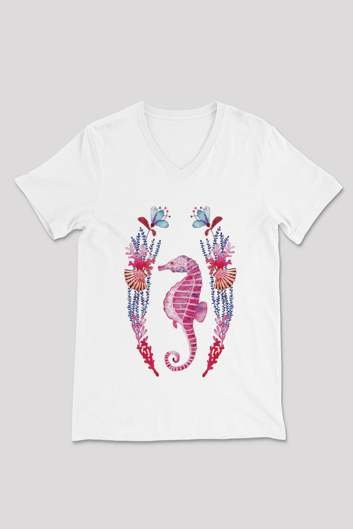 Deniz canlıları Beyaz Unisex V Yaka Tişört T-Shirt