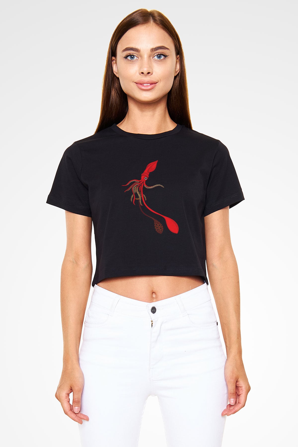 Deniz canlıları Siyah Crop Top Tişört