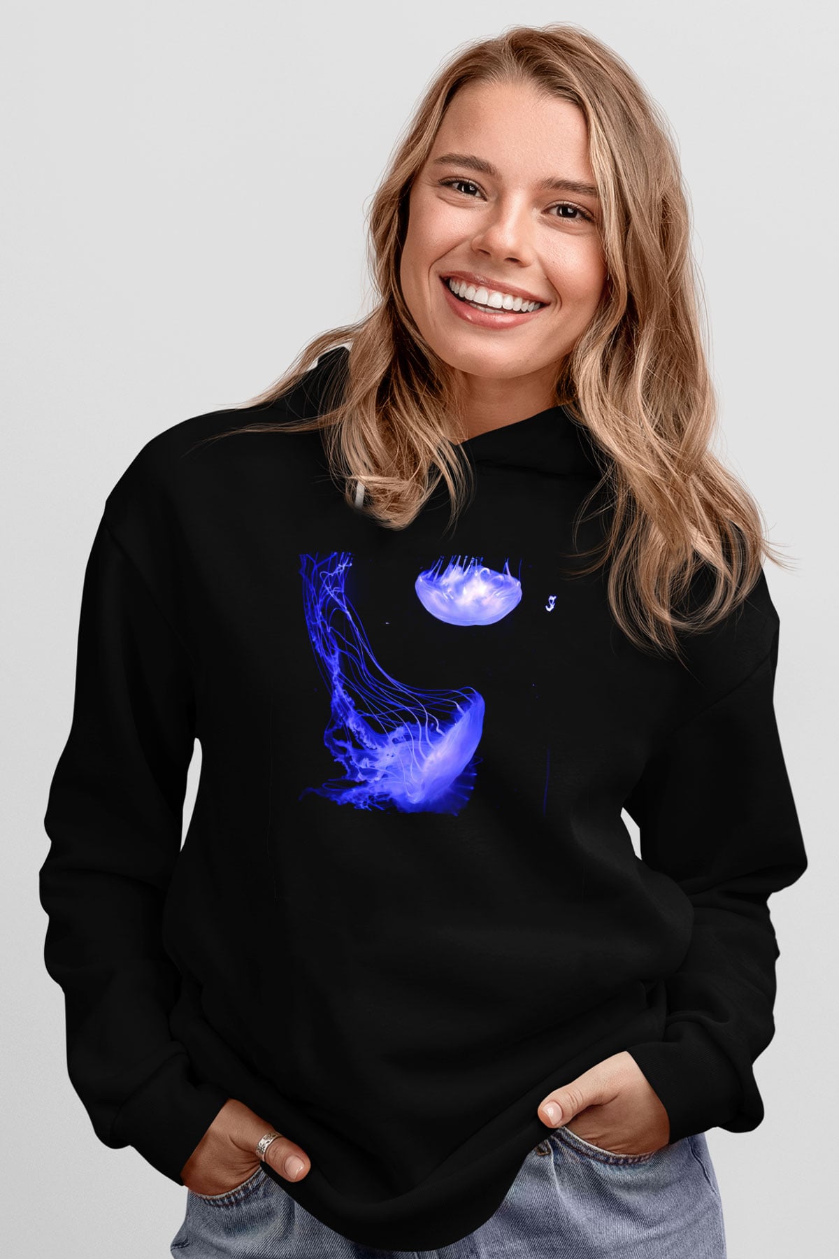 Deniz canlıları Siyah Unisex Kapüşonlu Sweatshirt