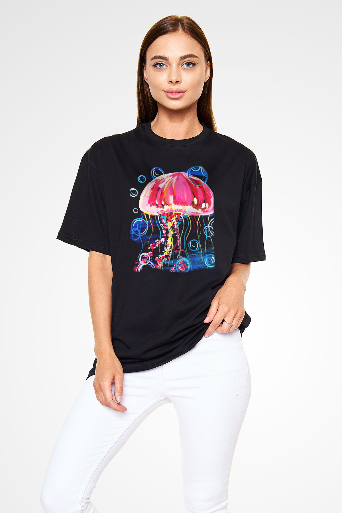 Deniz canlıları Siyah Unisex Oversize Tişört T-Shirt